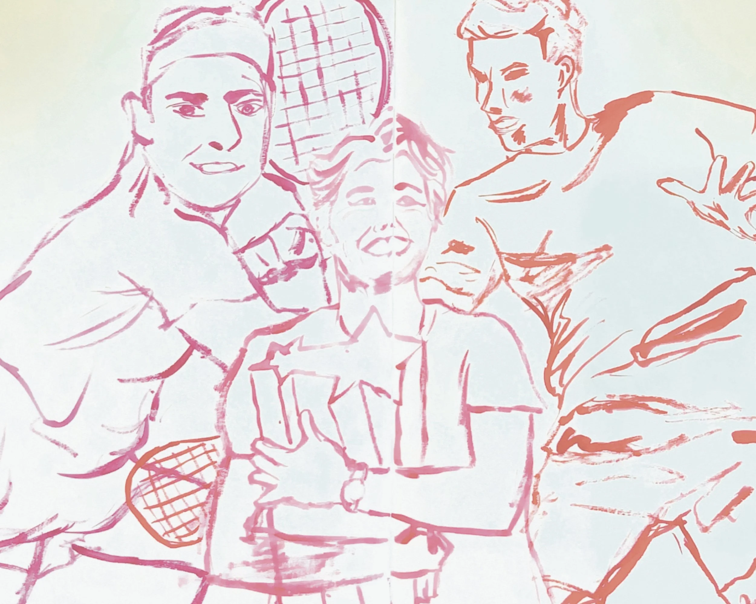 A sketch of four people, three adults and one child, smiling and posing together with tennis rackets, drawn with pink and orange lines.