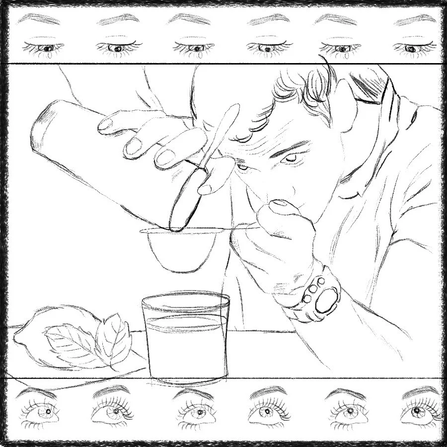 Sketch of person tasting a beverage, surrounded by multiple sketches of eyes at the top and bottom of the image.
