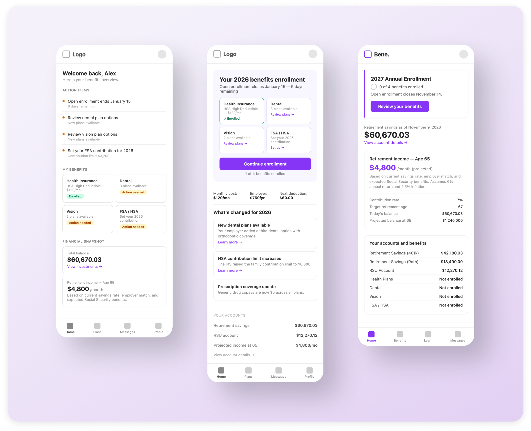 Homepage explorations for a benefit enrollment experience. Dashboard with action items that lacked hierarchy, enrollment flow overtaking financial account info, and enrollment as a simple engagement card at top of homepage
