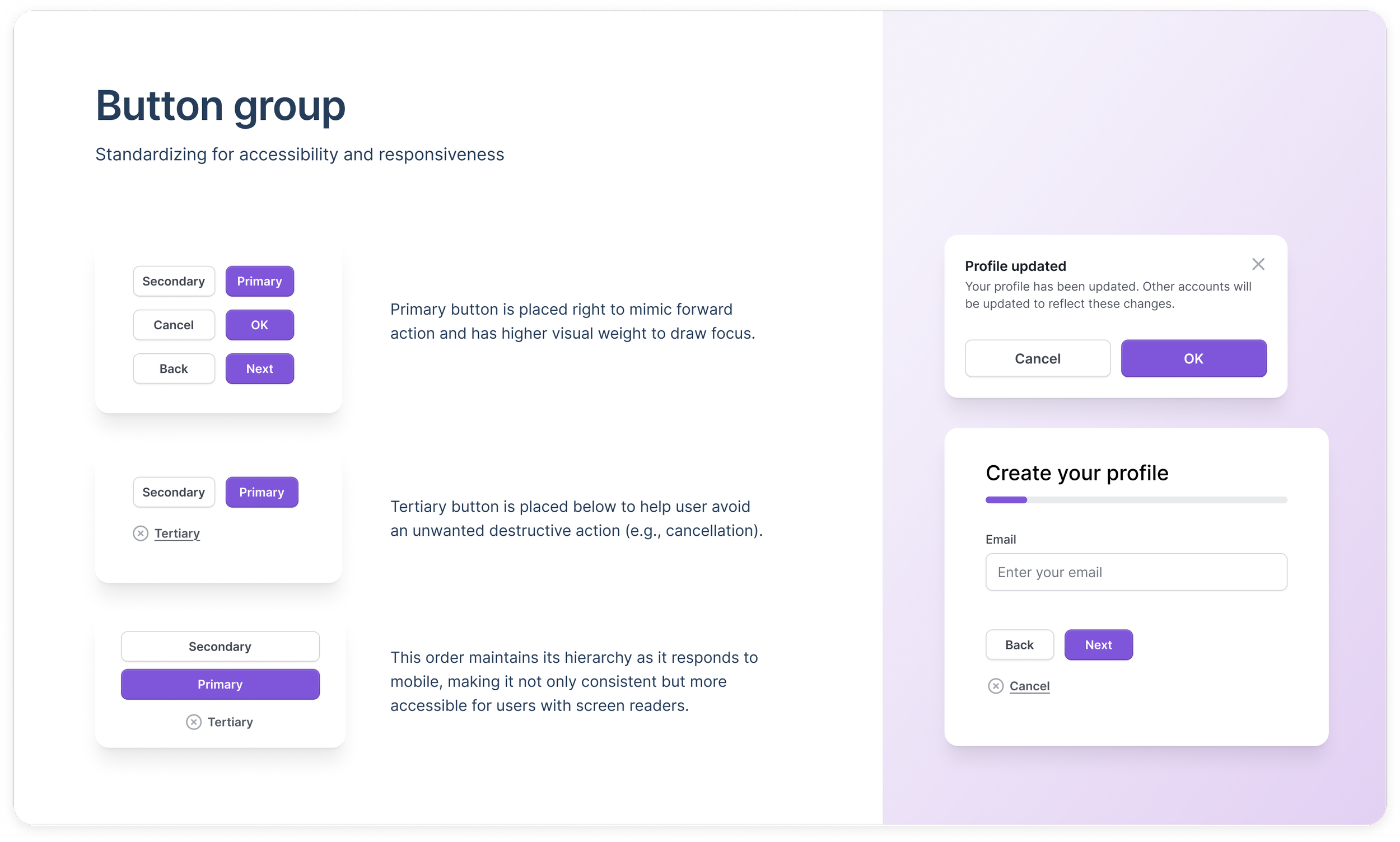 UI examples of button groups showing secondary, primary, and tertiary button arrangements in different placements. On the right, two mockups show these button patterns inside a dialog and a form