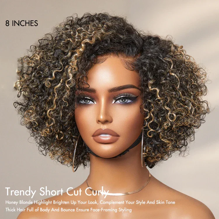 8 inch Trendy Short Cut Curly Minimalist HD Lace Glueless Side Part