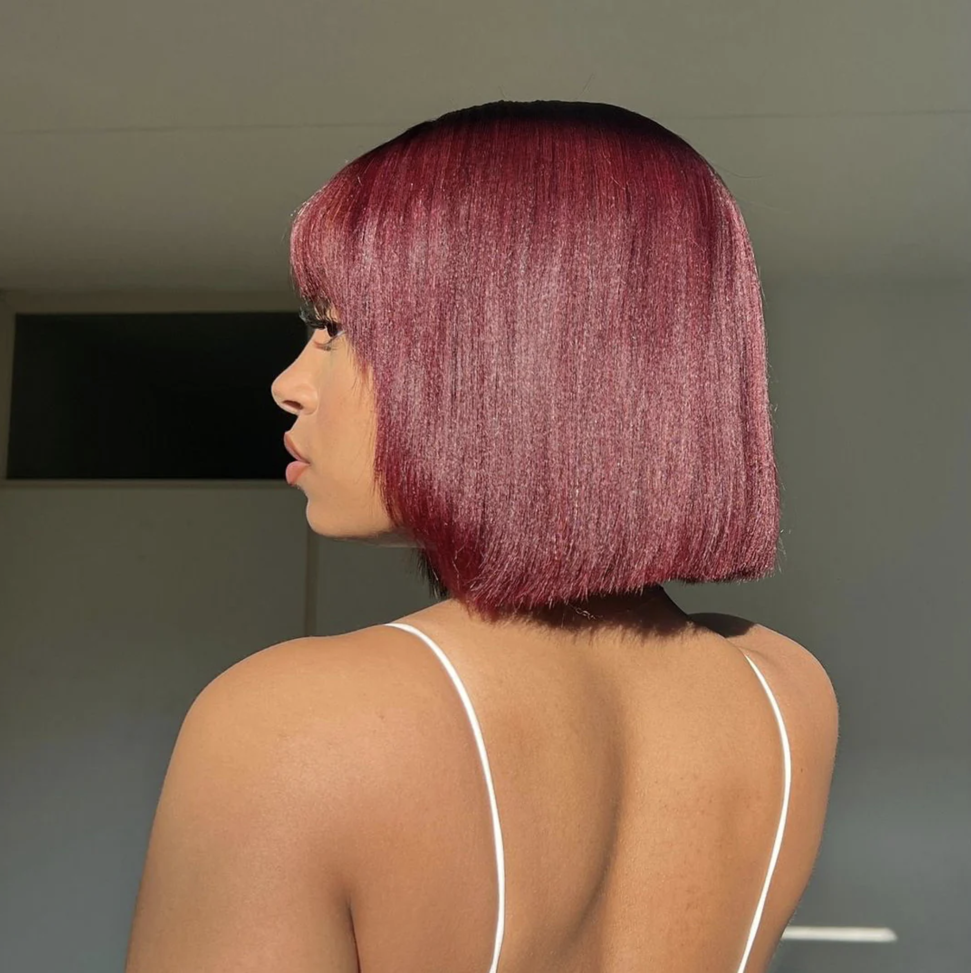10 Inches Reddish Purple Layered Cut Yaki Straight #99J Lace Bob With Bangs