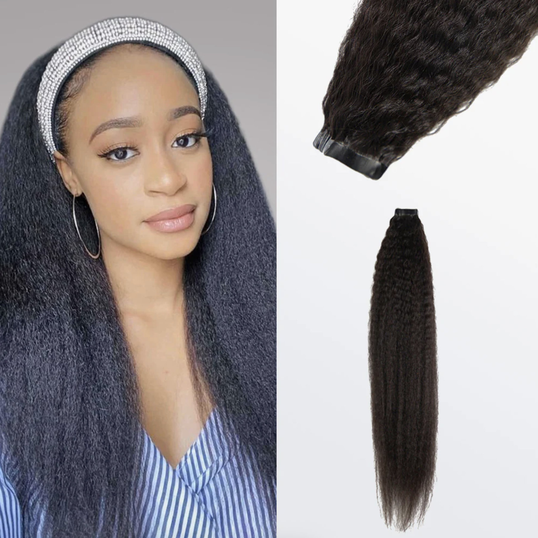 Afro-textured Kinky Straight Tape In Remy Hair Extensions #1B Natural Black
