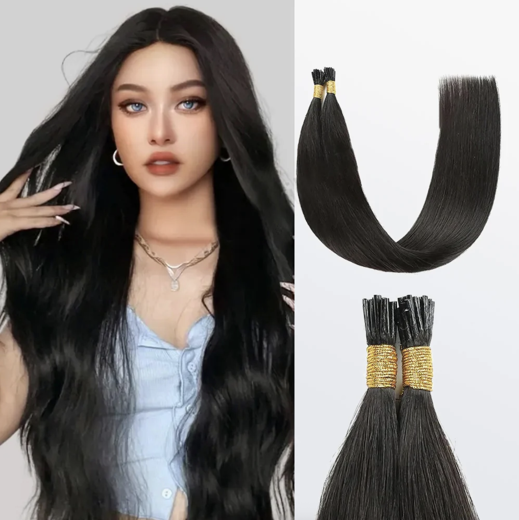 I Tip Hair Extensions Straight Natural Remy Human Hair (#1B Natural Black)