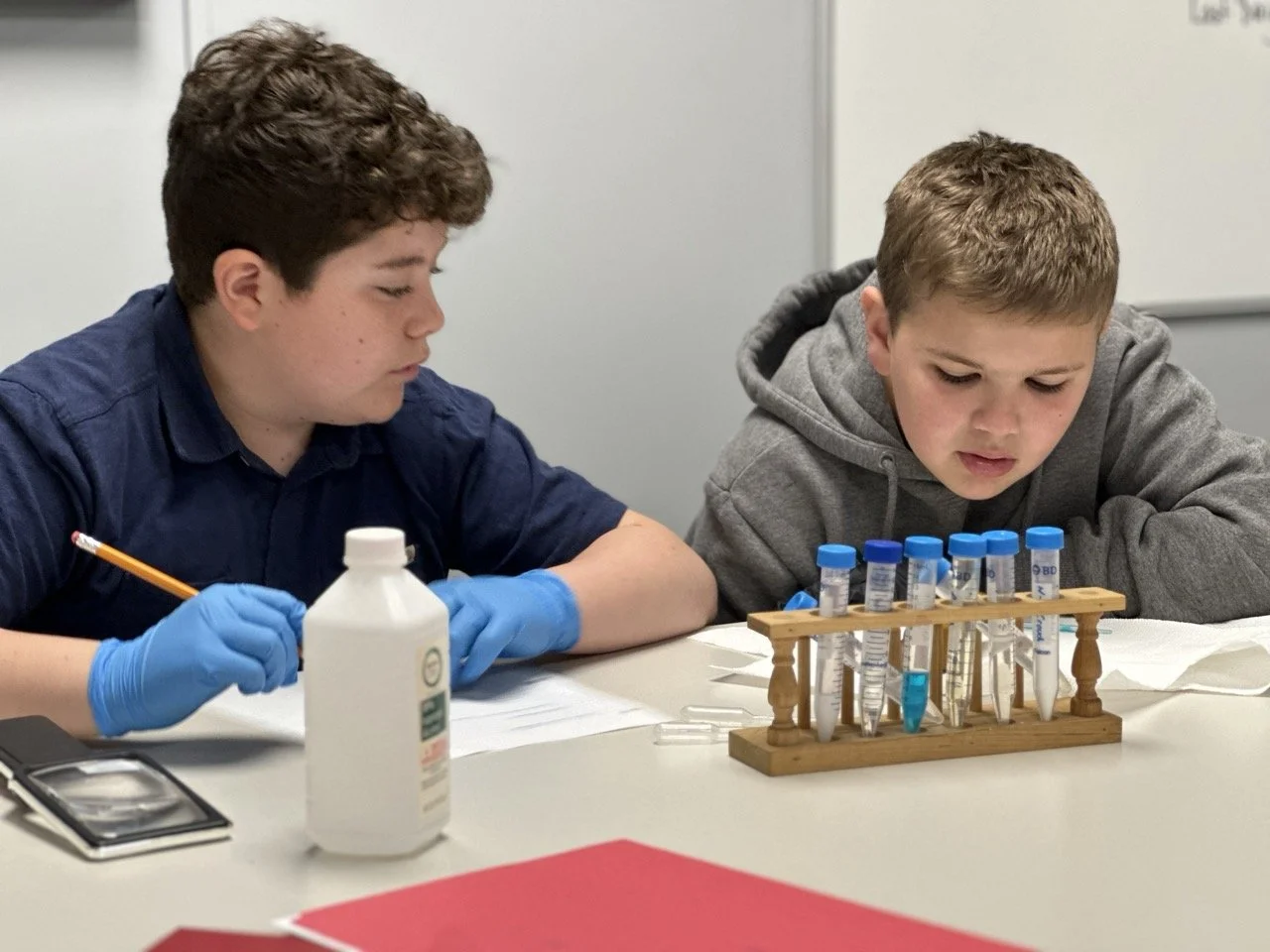 Two boys conducting a science experiment with test tubes in a laboratory setting.