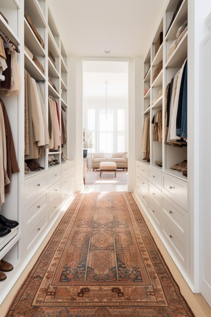 Large walk-in closet with rug leading to sitting area