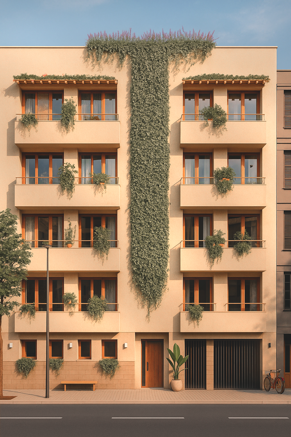 fachada verde de mortero de cal con jardin vertical, proyecto de aurea en Puente Genil