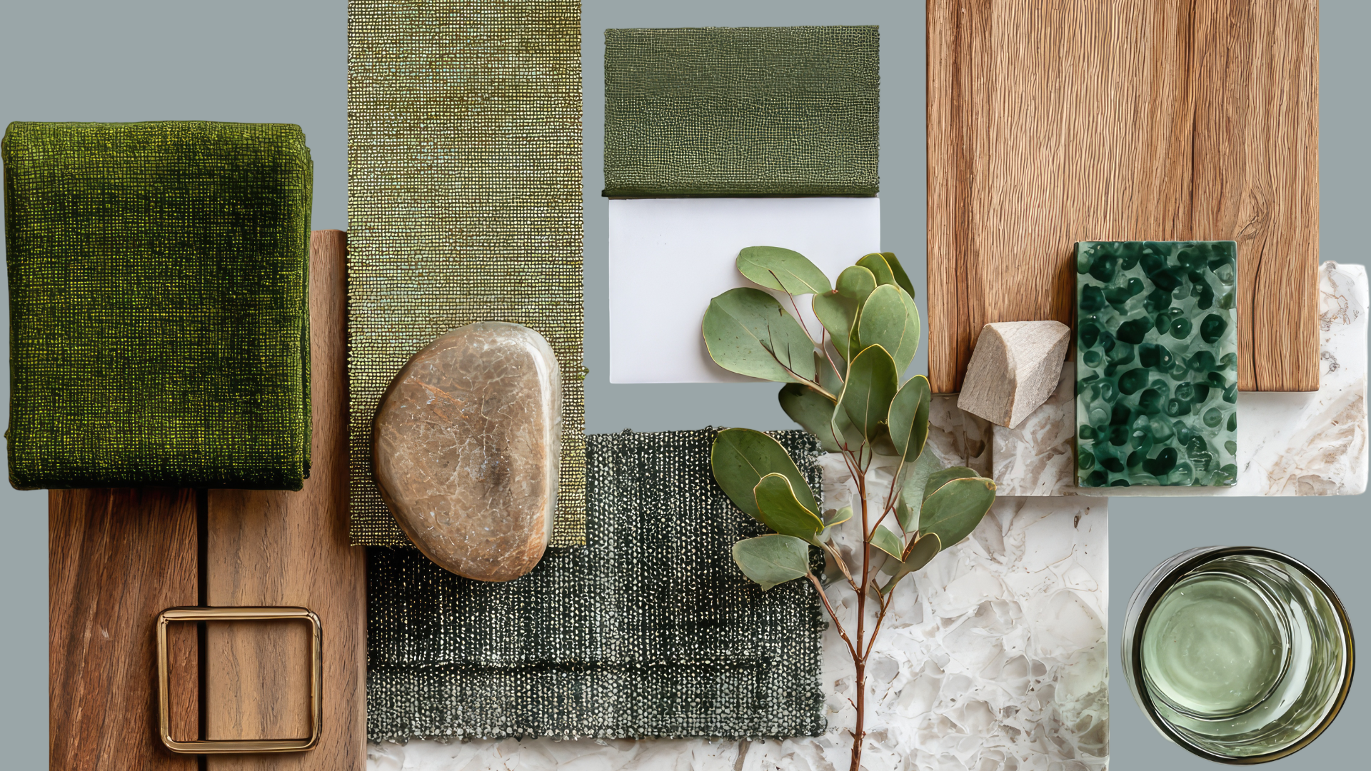 A collage of various natural and textured objects, including green fabric swatches, a wooden sample, a marble piece, a small branch with green leaves, a glass, and a brass square, all arranged on different surfaces.