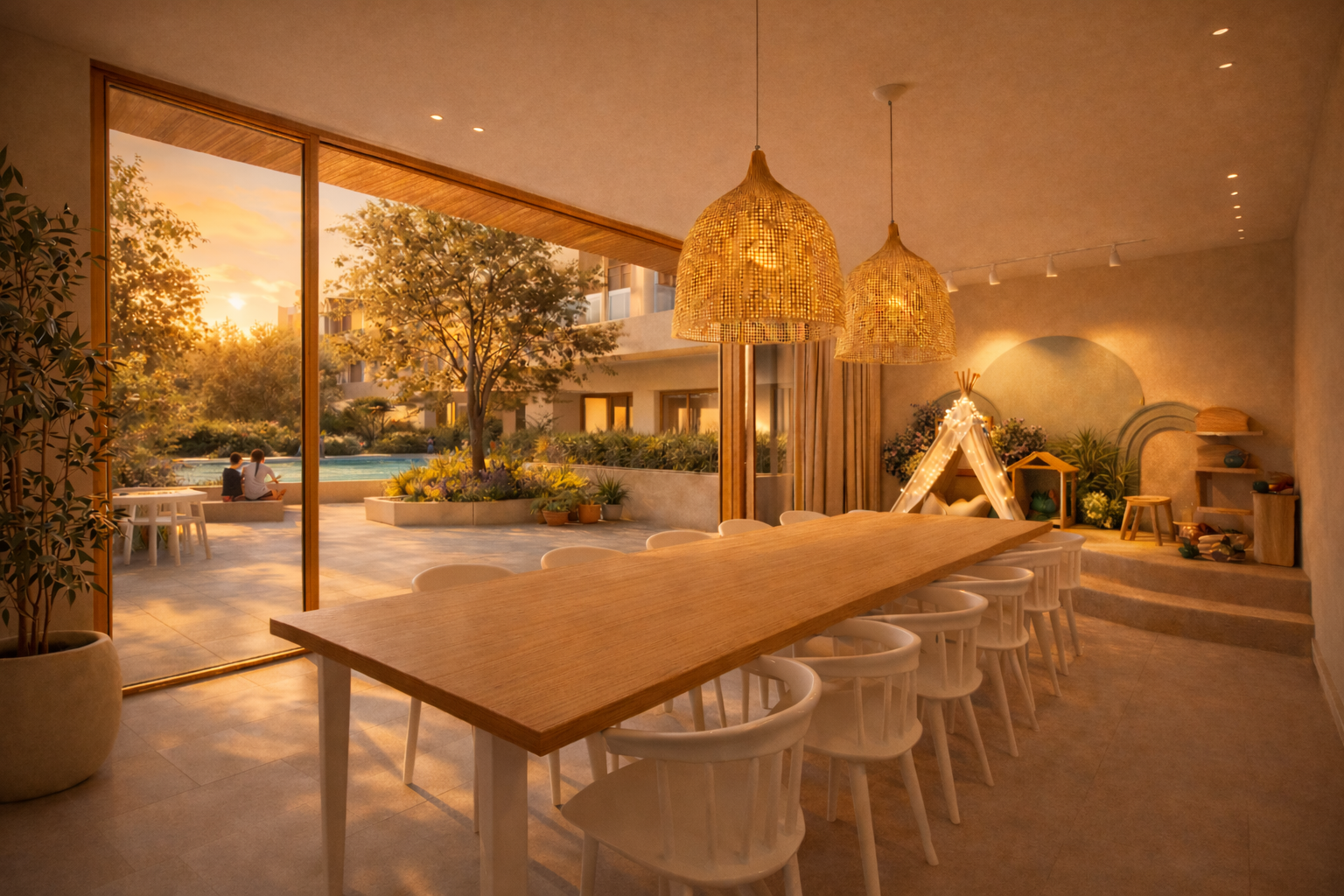 Interior of a modern home or cafe with a wooden table and white chairs, large glass sliding doors opening to an outdoor patio with trees and a swimming pool at sunset, warm ambient lighting, decorative indoor plants, and a small teepee