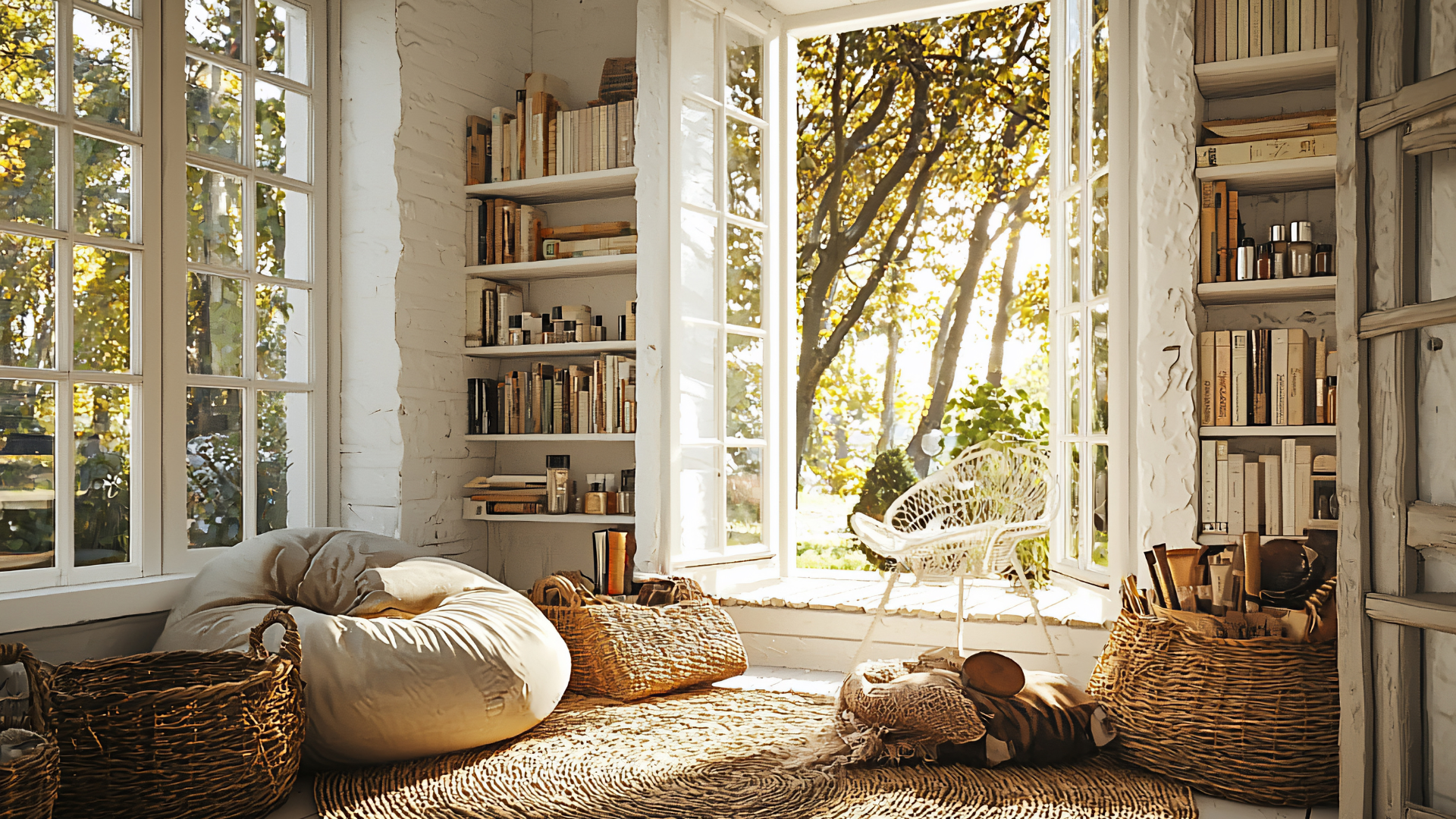 Sunlit reading nook with white brick walls and large open windows showing trees outside. Floor has woven rug, wicker baskets, a large white bean bag, and a white woven chair.