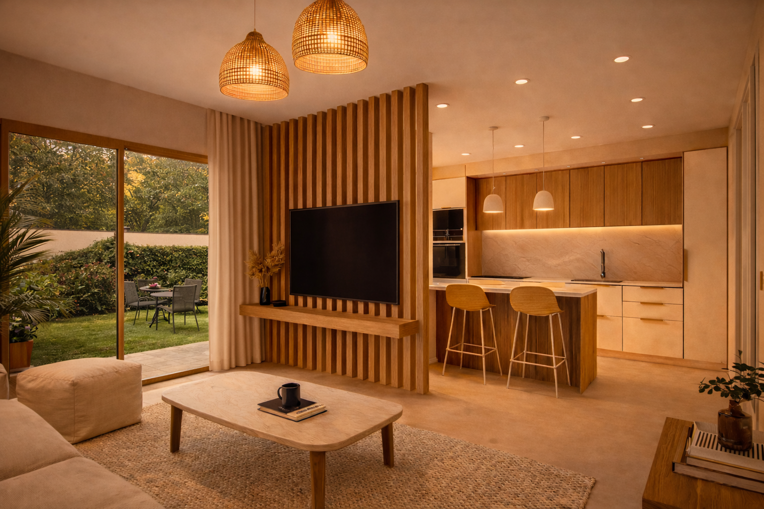 Salón luminoso con cocina integrada, diseñado para crear espacios amplios, cálidos y conectados con la luz natural.