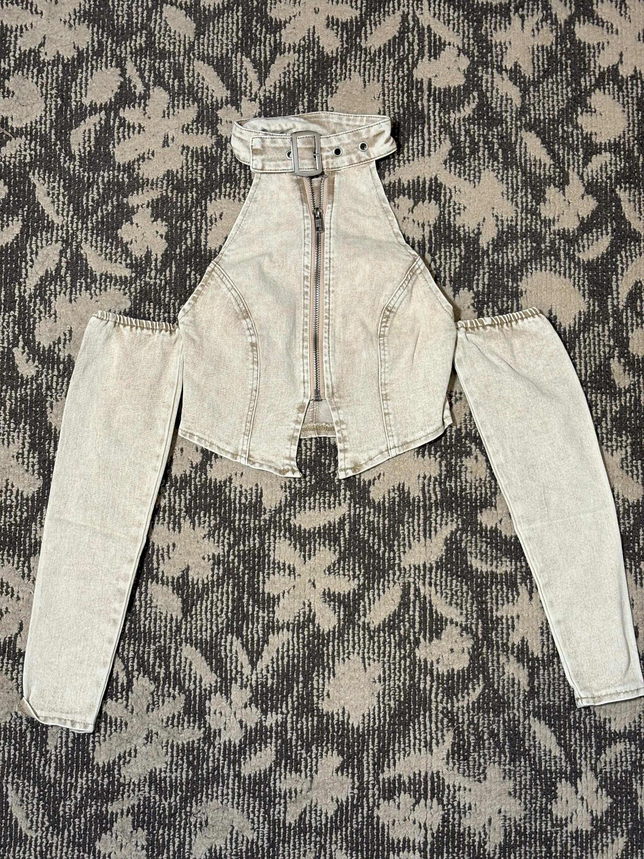 ストレッチデニムホルターネックトップス(カーキ)