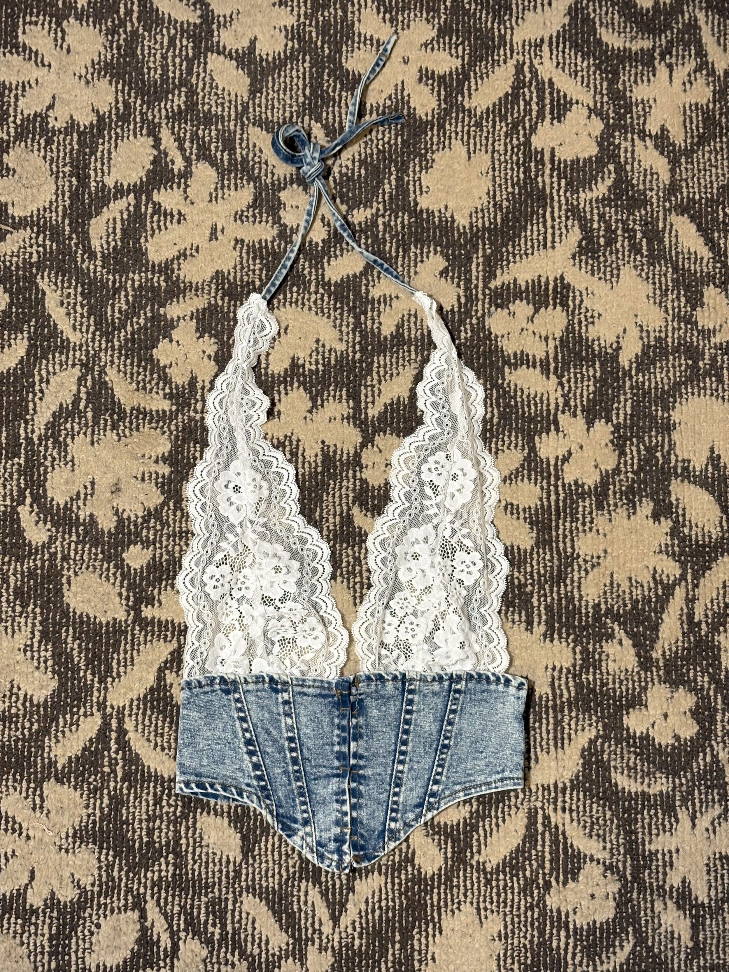 レースホルターネックデニムコンビビスチェ