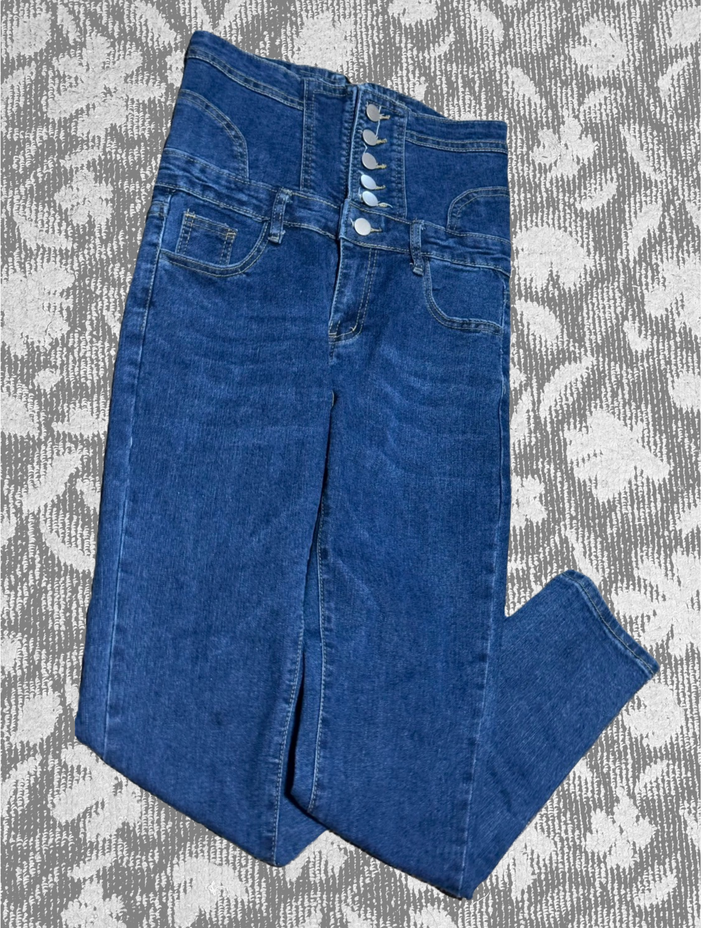 ハイウエストボタンフライジーンズ（ブルー）