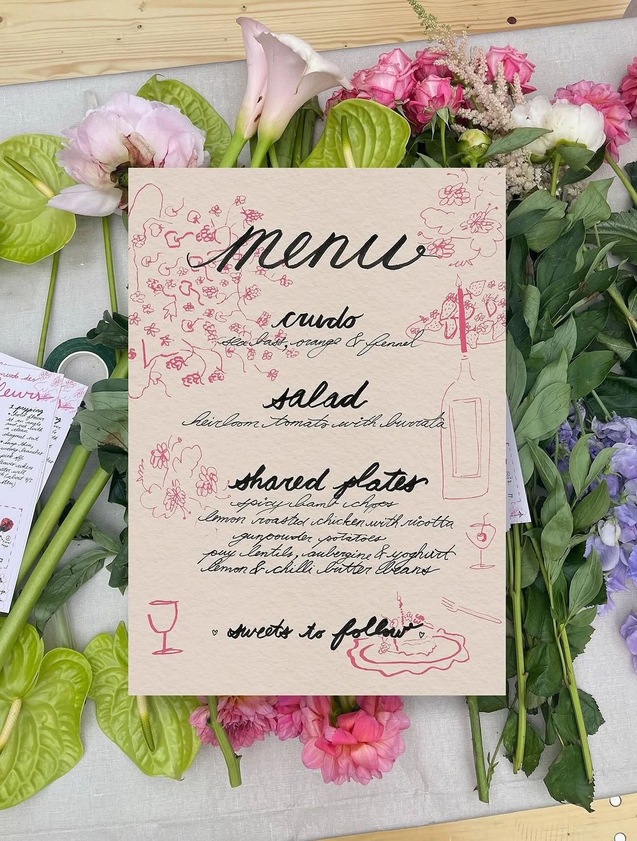 Some of our process and BTS from a garden party hen-do last year! Nothing beats a 4am trip to the Covent Garden flower market to pick out the best of the blooms 🌸🌷🌺 Had a great time prepping the menu stationery for this event, dreamed up by culina