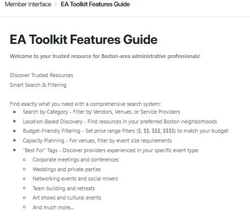 Screenshot of the features guide for the EA toolkit