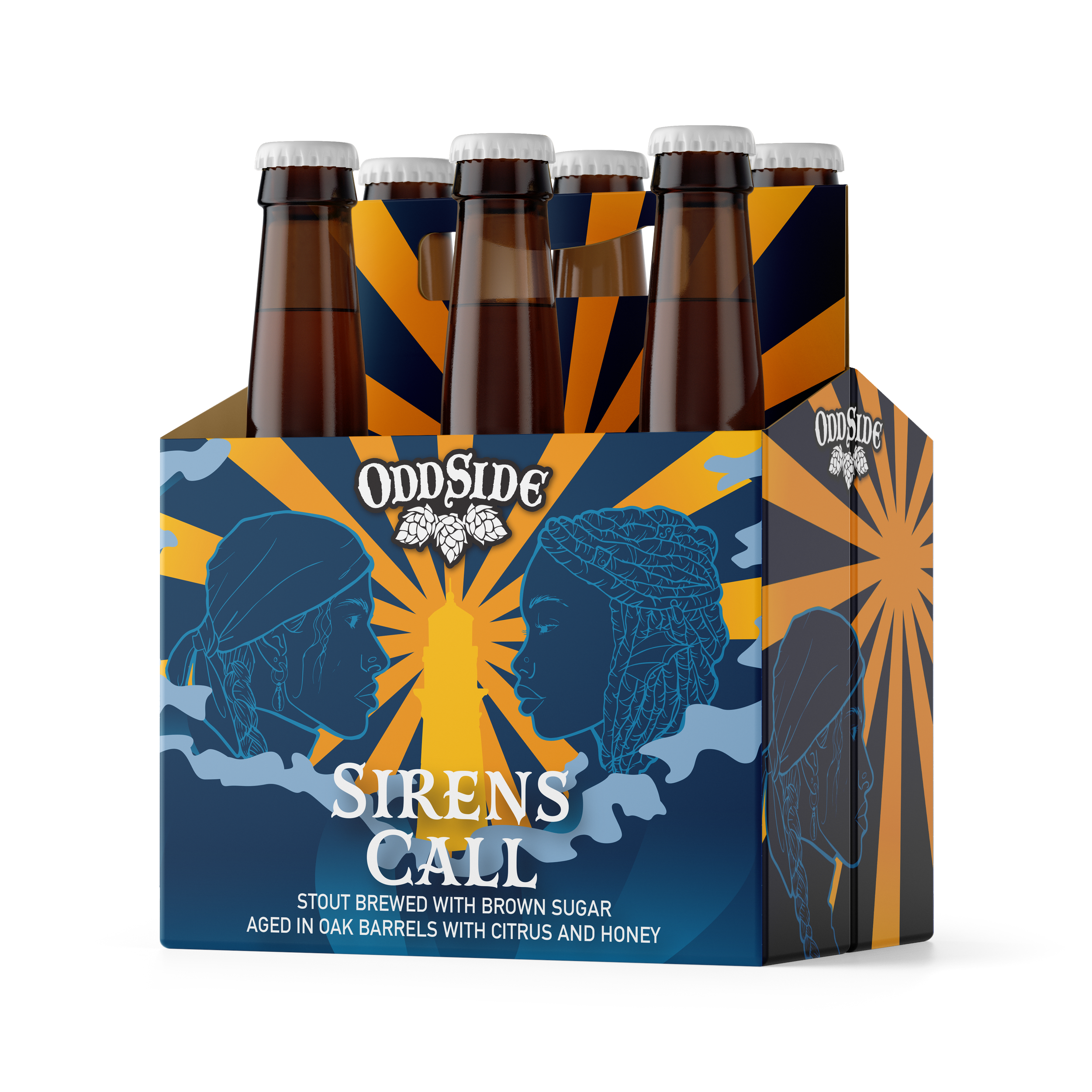 A six-pack of Odd Side Ales beer bottles in a blue and orange cardboard carrier, with text describing the beer as a stout brewed with brown sugar, aged in oak barrels with citrus and honey.