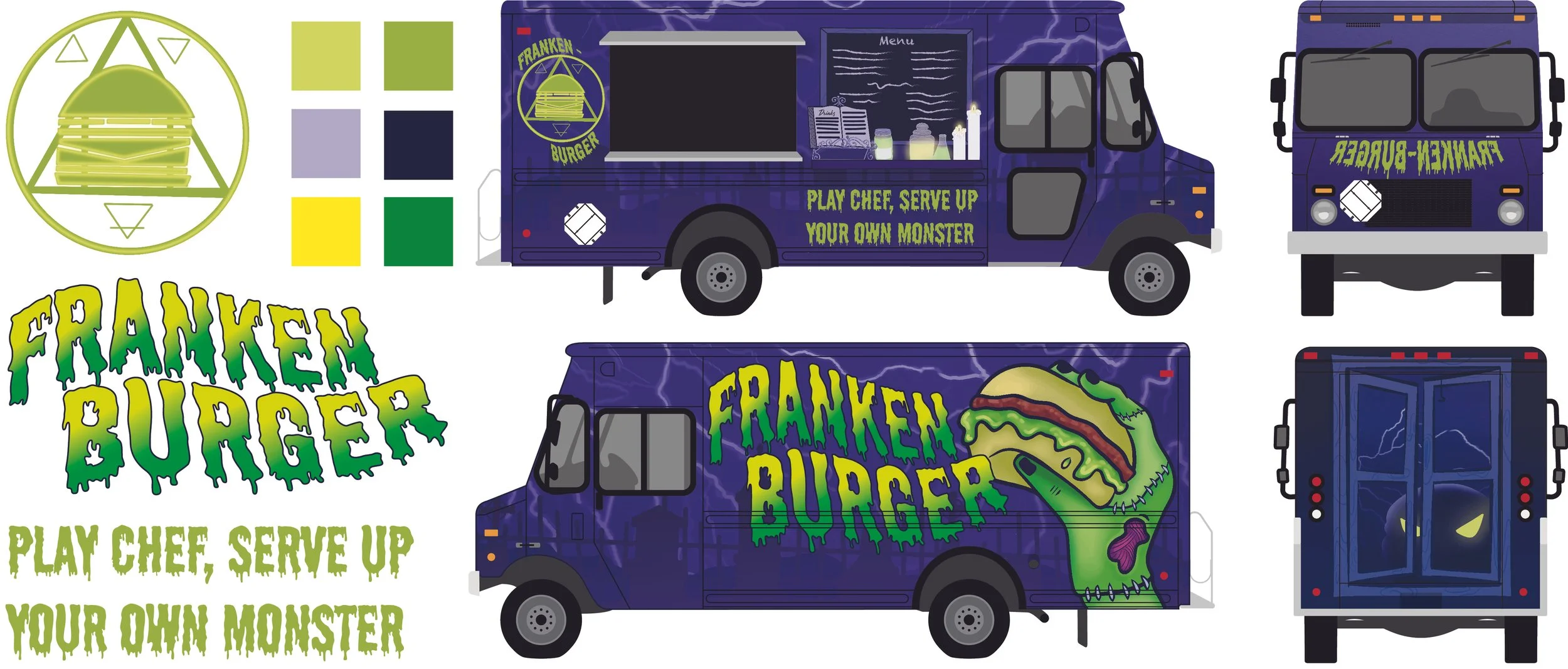 Illustration of a food truck themed as a Frankenstein monster burger. The truck is dark purple with green and yellow text saying 'FRANKEN BURGER' and a picture of a monster hand holding a burger. The truck features lightning graphics and a menu board. There is also a stylized Frankenstein logo with a burger and the slogan 'PLAY CHEF, SERVE UP YOUR OWN MONSTER.'