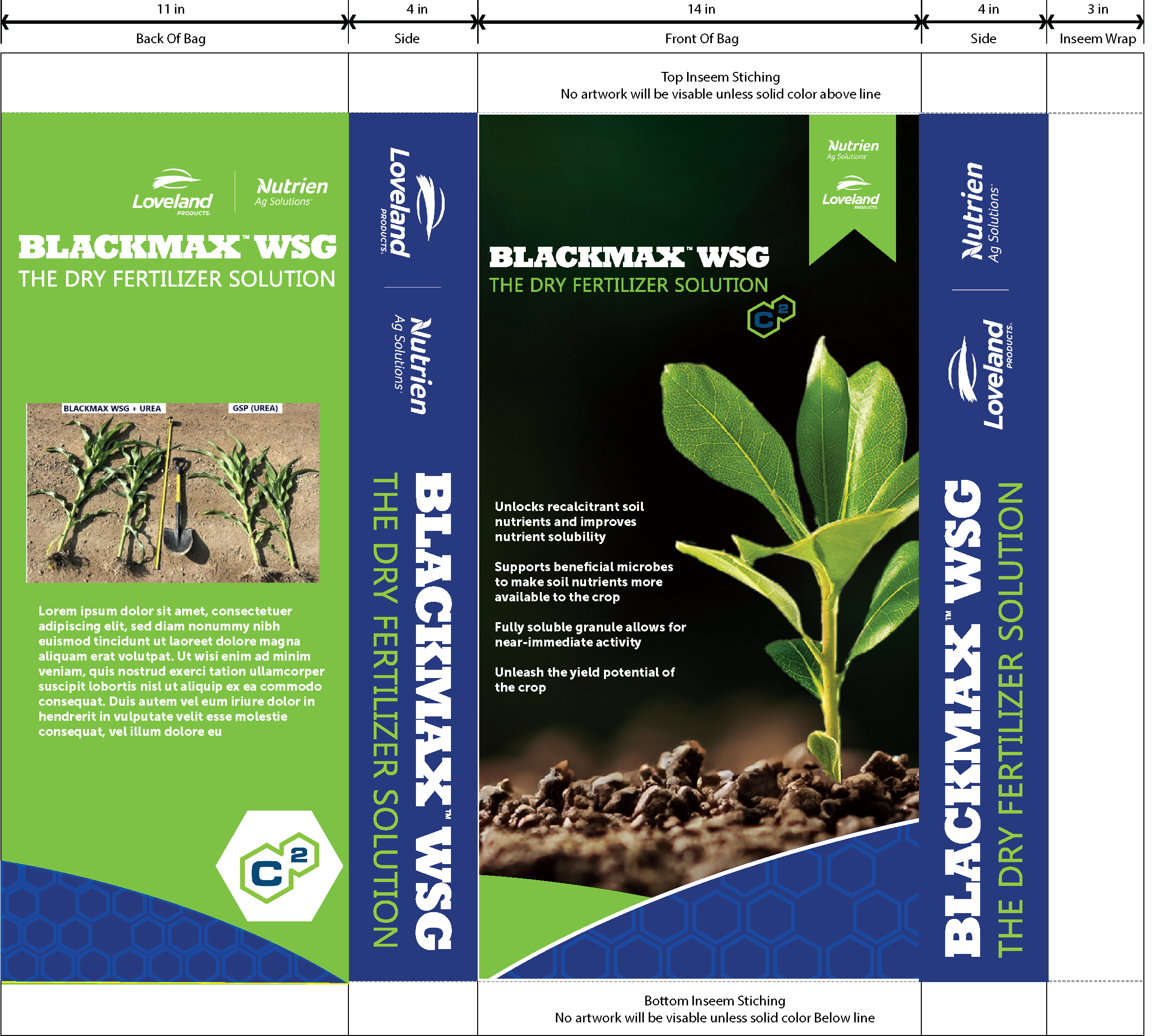 Product label for 'Blackmax WSG,' a dry fertilizer solution by Loveland Products. The label features a close-up of a young plant with green leaves growing from soil, with descriptive text about the fertilizer's benefits and ingredients, and color-coded branding.