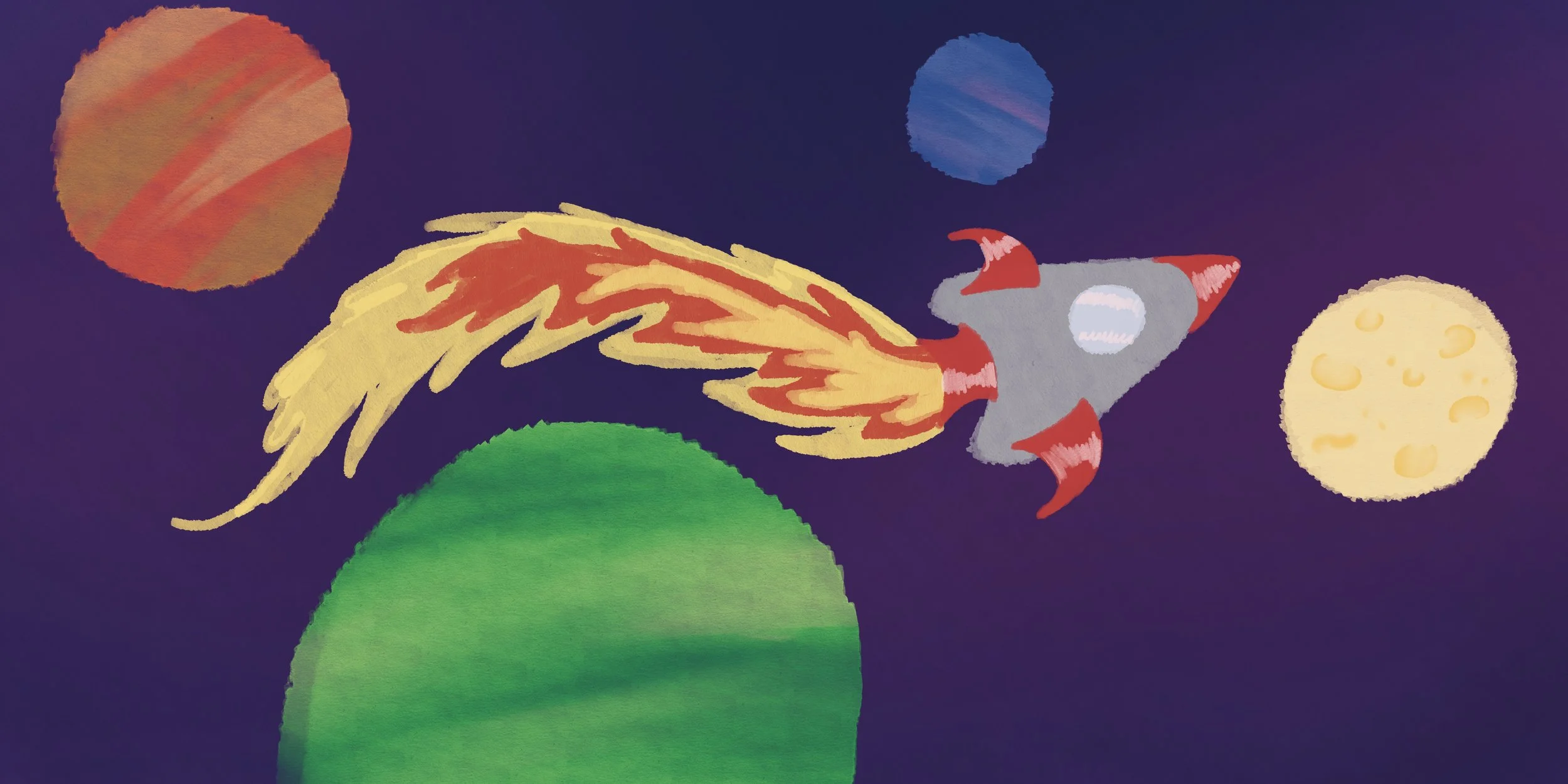 Colorful abstract illustration of a spaceship with flames, floating in space with planets and a green hill below.