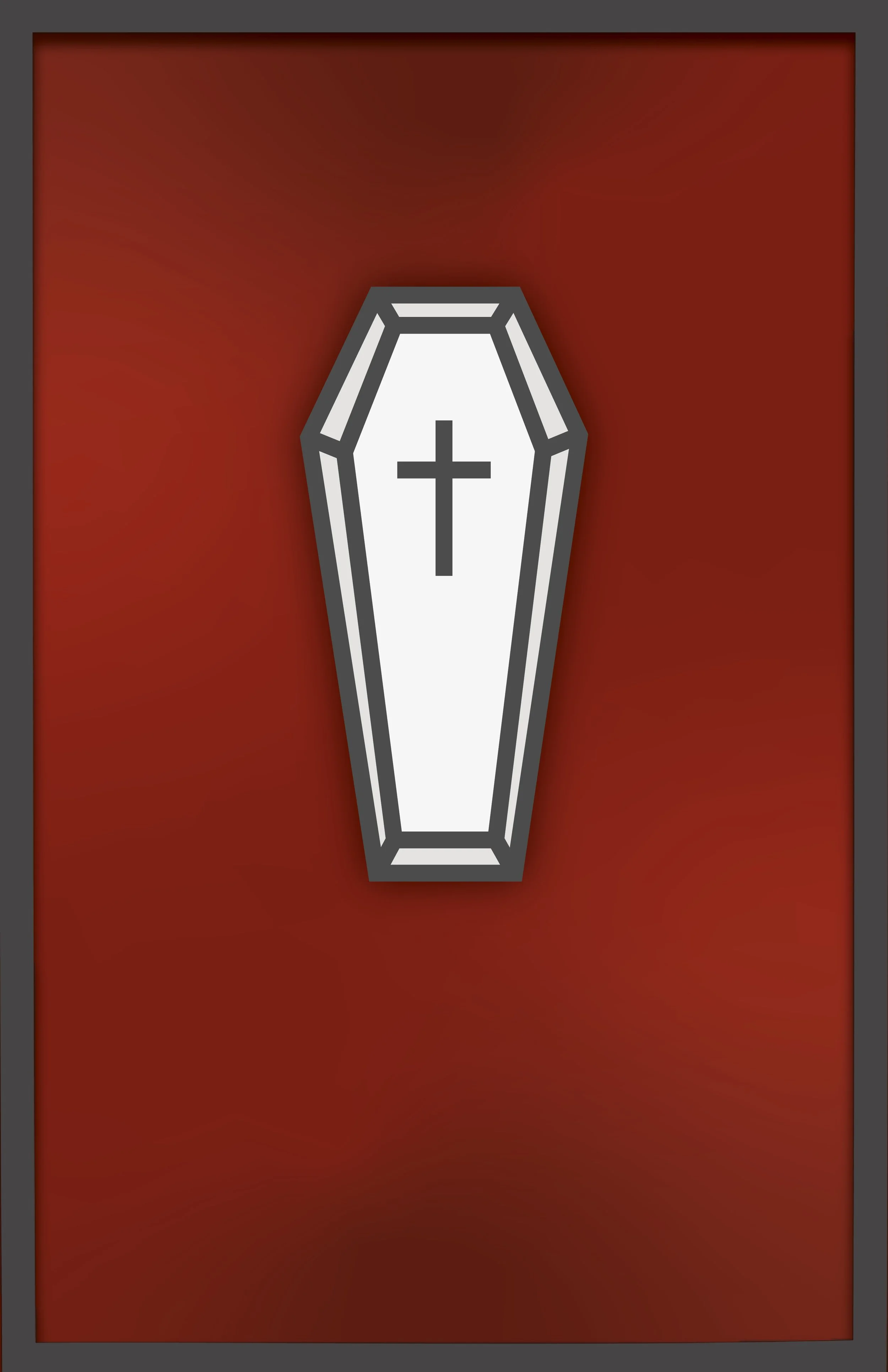 Red background with a white coffin with a cross in the center.