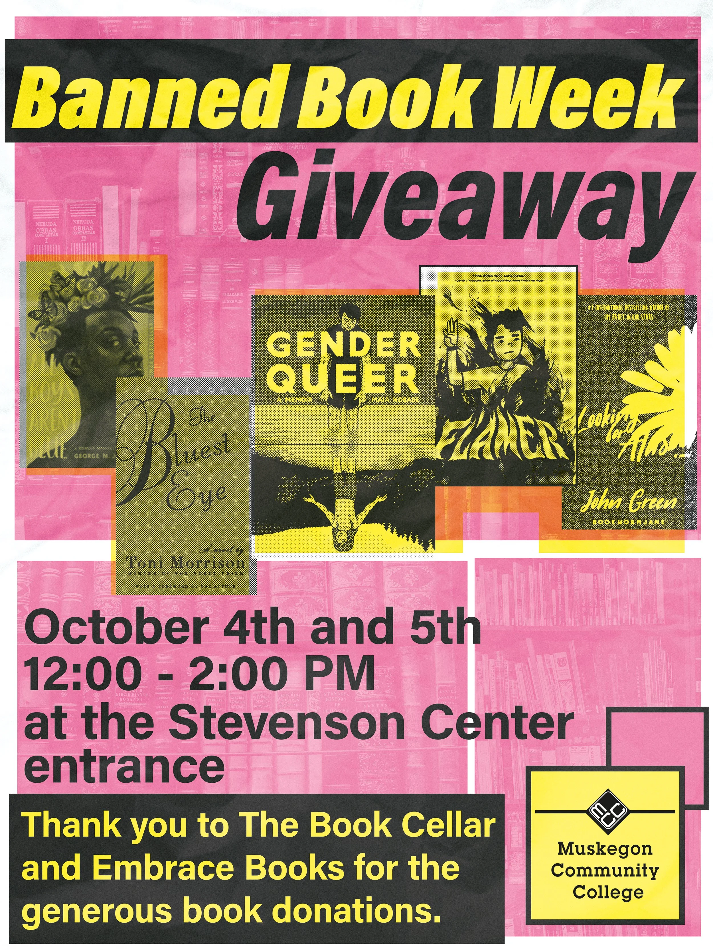 Pink poster advertising Banned Book Week and a book donation event at the Stevenson Center. Event is on October 4th and 5th from 12:00 to 2:00 PM. Includes images of various book covers and graphics promoting freedom to read and respecting diverse identities.