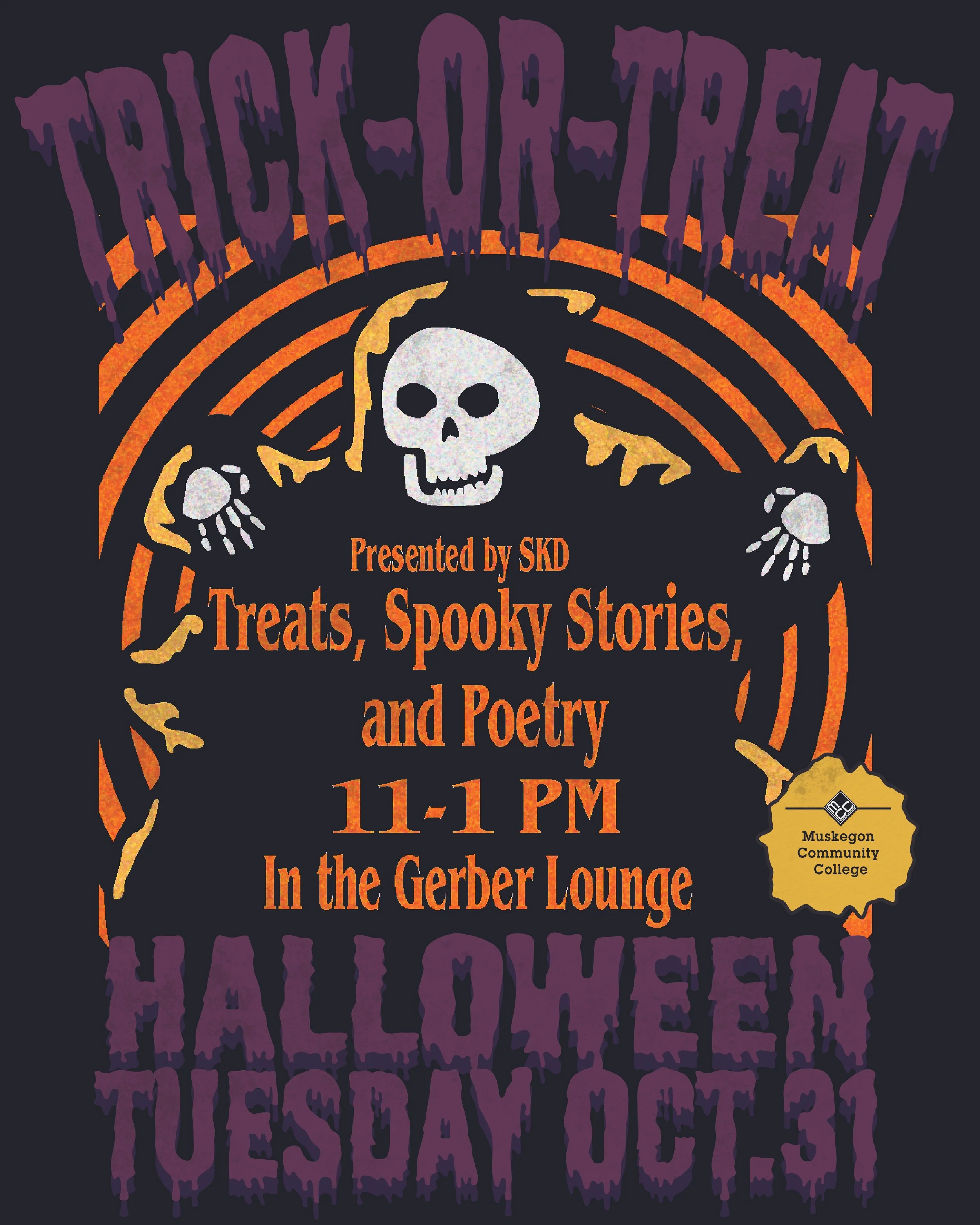 Flyer for a spooky storytelling event titled 'Treats, Spooky Stories, and Poetry' scheduled for 11-11 PM at the Gerber Lounge, presented by SKD, with a small graphic of a map of Muskegon Community College.
