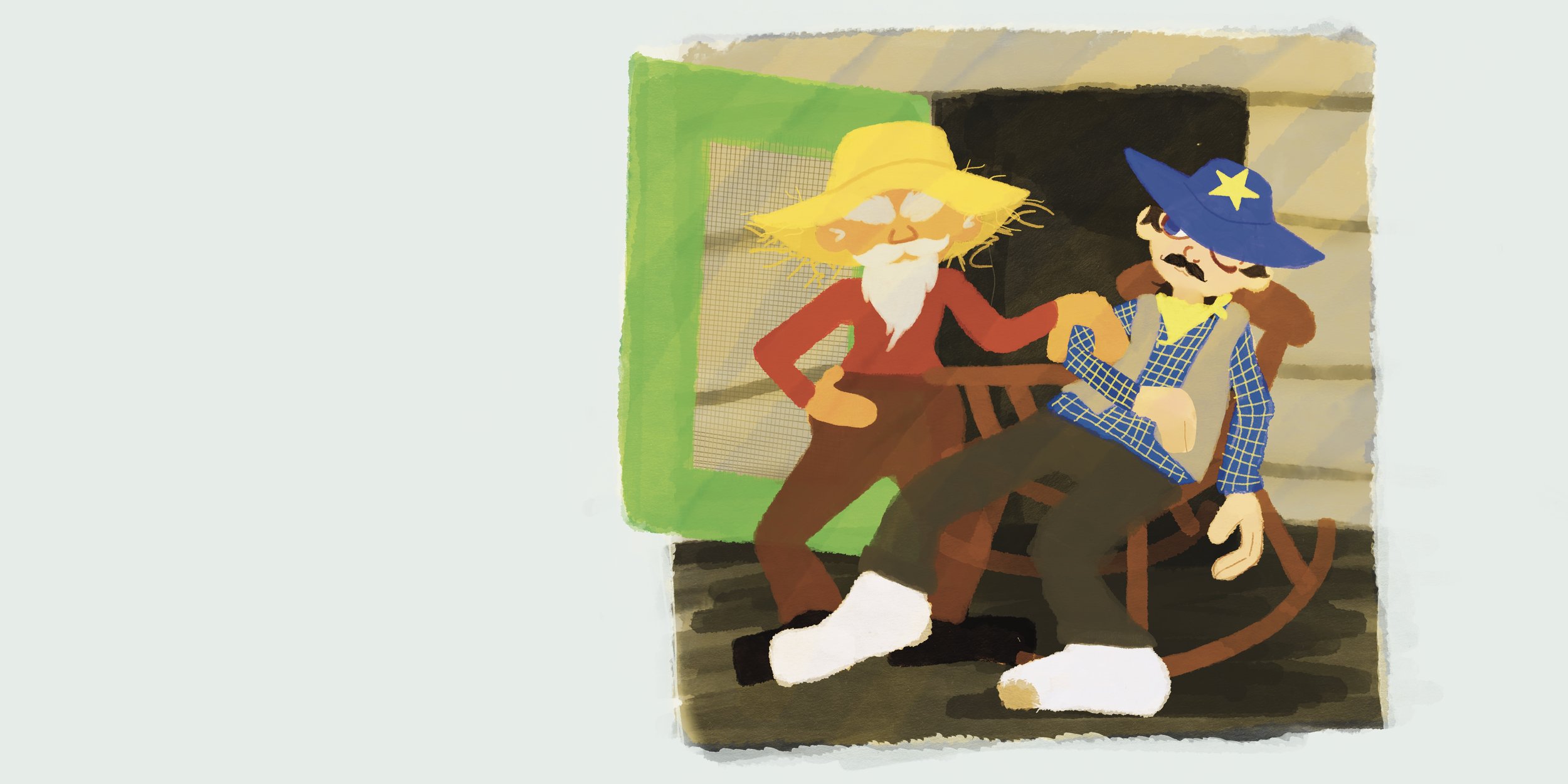 Drawing of two characters in Western costumes, one with a yellow hat and white beard, and another with a blue wizard hat with a yellow star, sitting on a church bench.