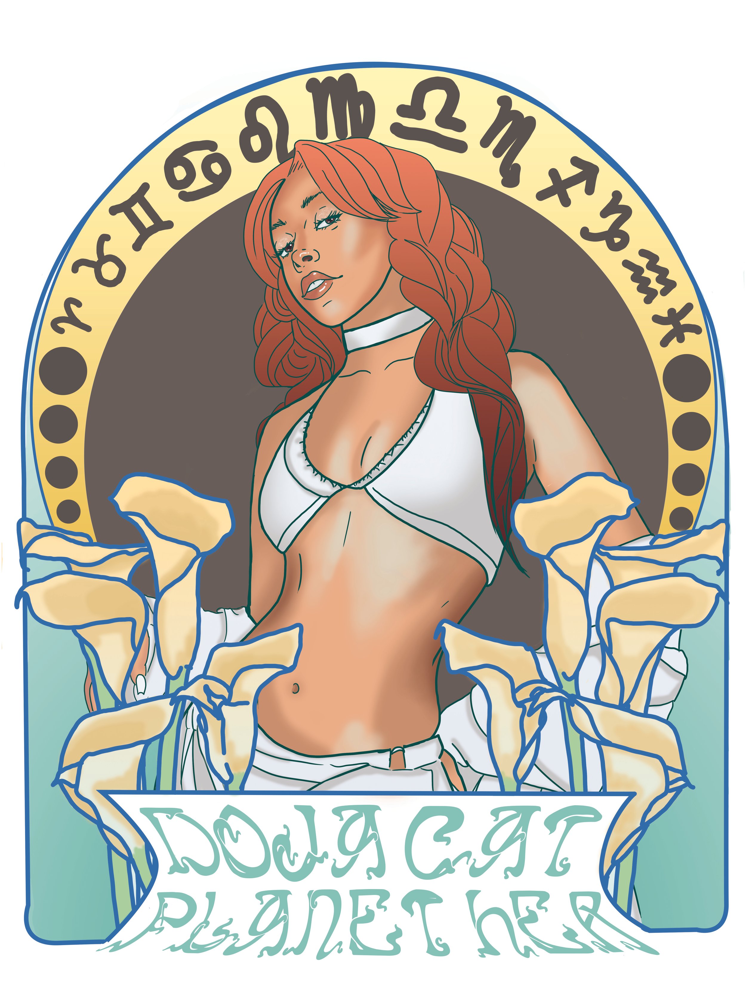 A digitally illustrated woman with long red hair, wearing a white top, holding a large bouquet of yellow flowers, with a circular emblem featuring stylized text in the background.
