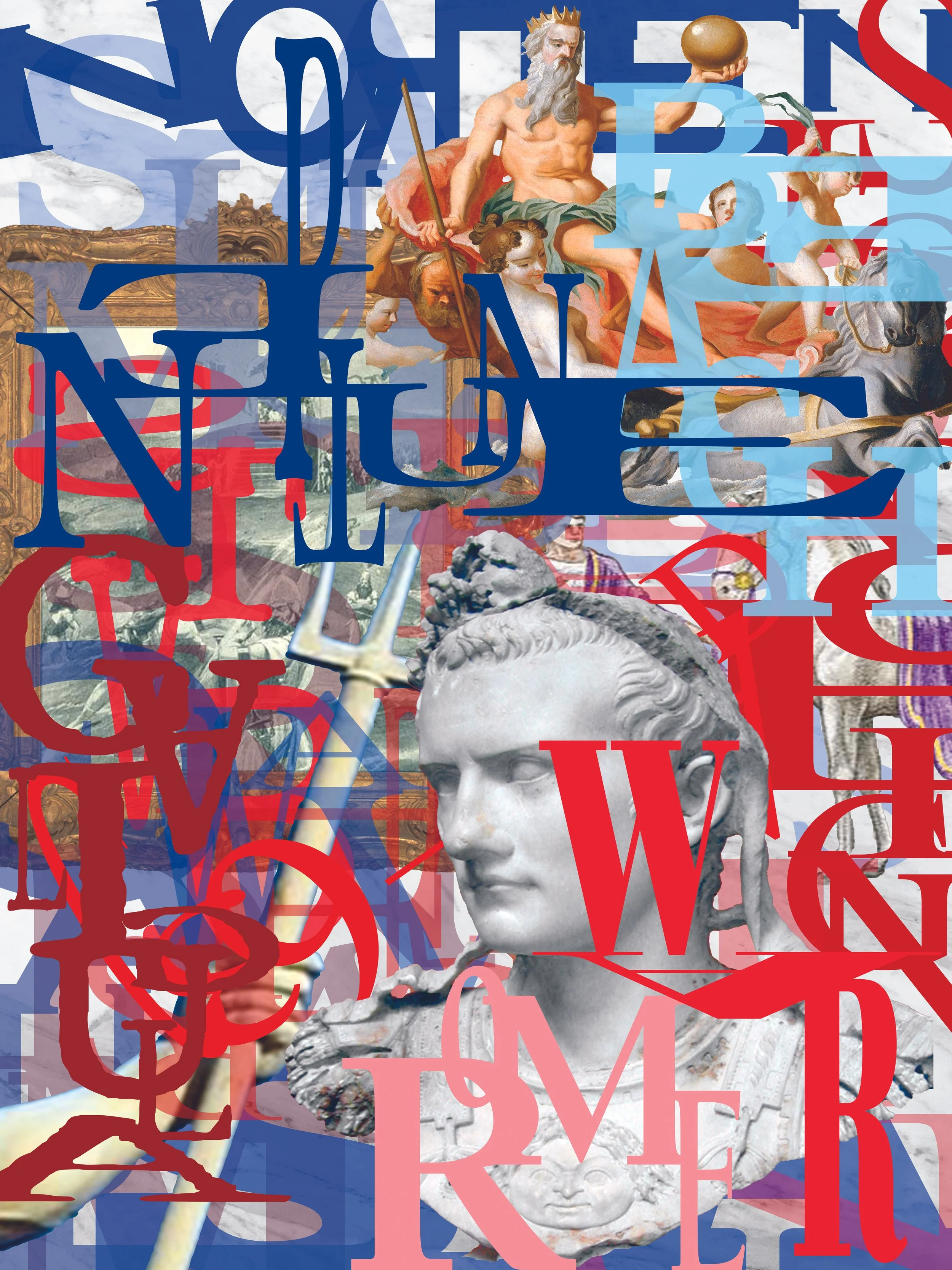 Overlapping digital collage combining classical sculptures and paintings with colorful, layered text in red, blue, light blue, and purple shades.