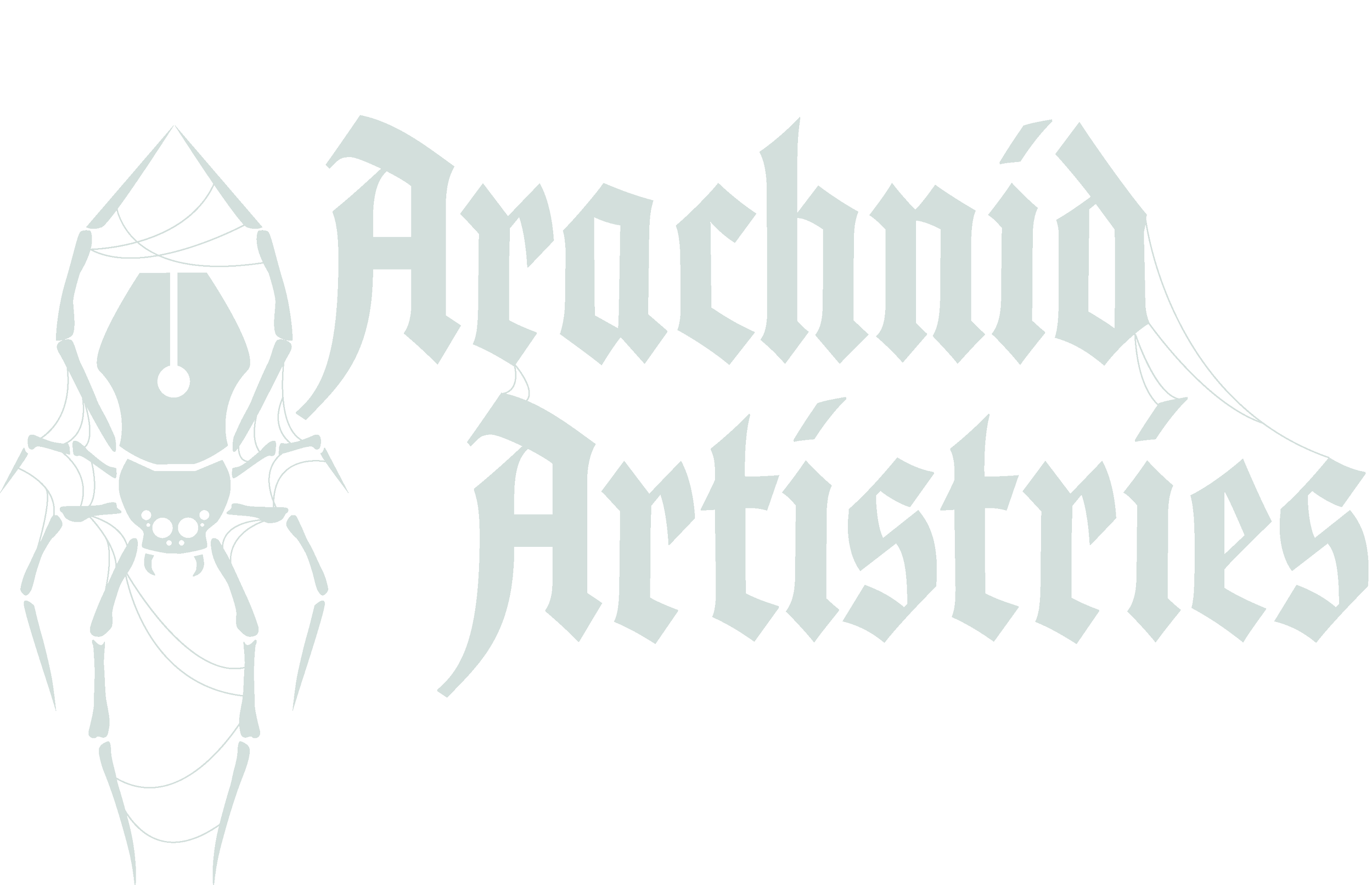 Skeleton of a spider with a web and gothic-style text saying 'Horrific Aracnids'