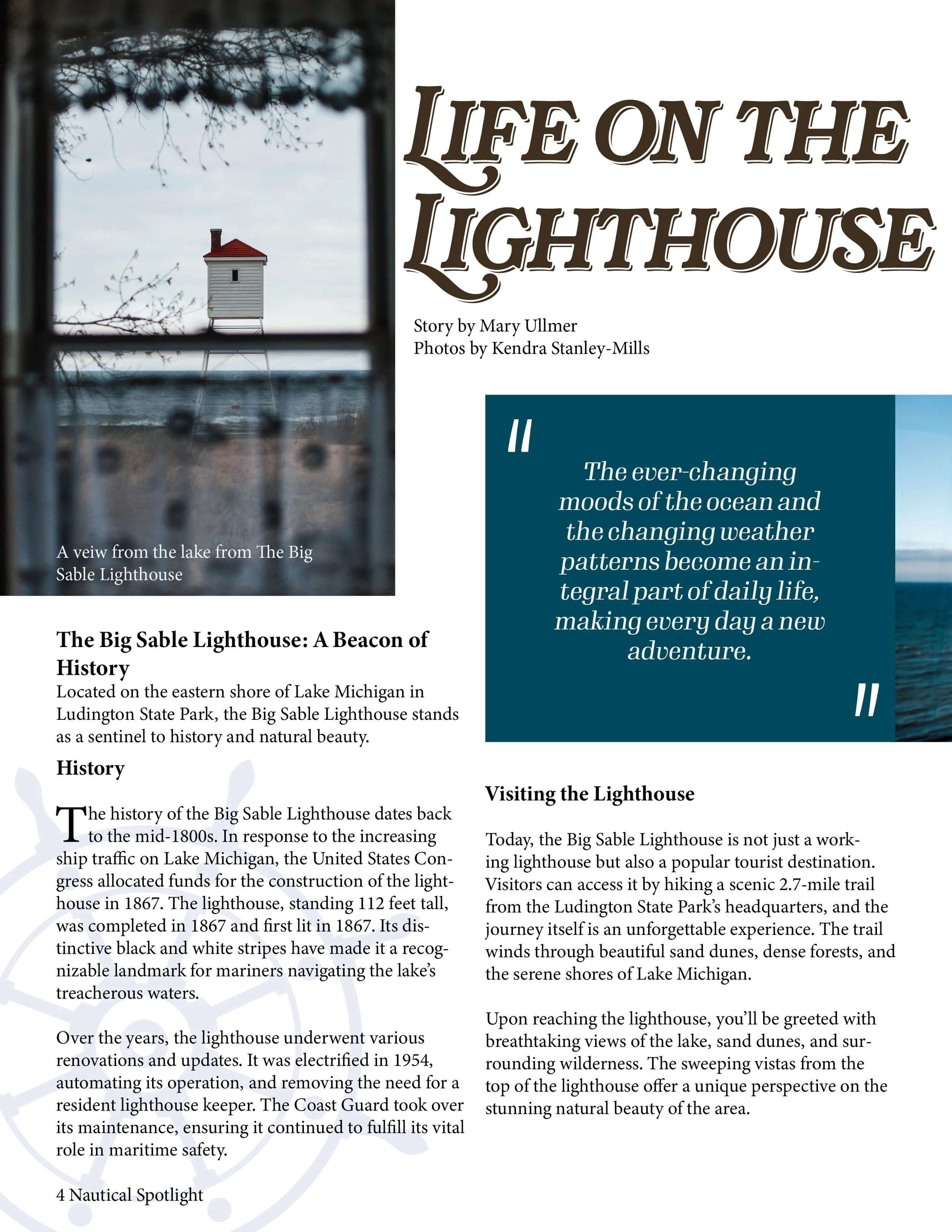 A view from the window of the Big Sable Lighthouse showing a small white lighthouse with a red roof on the lake horizon.