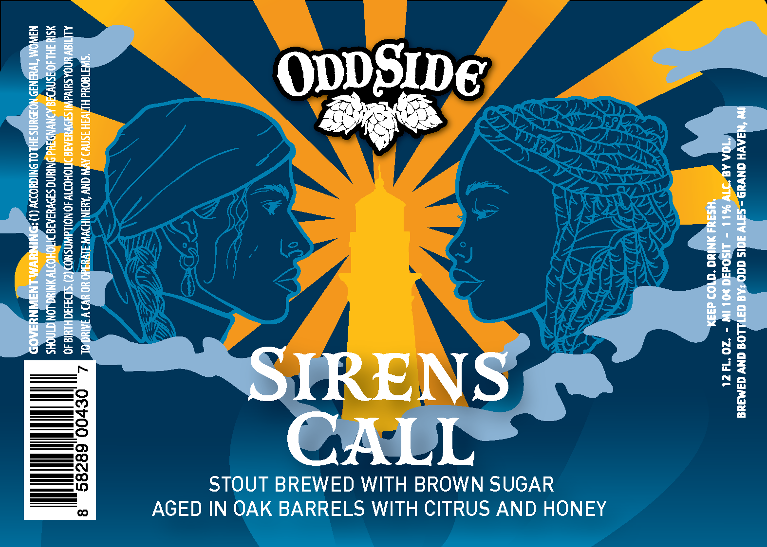 A label for Oddside Sirens Call stout beer featuring an illustration of two women's faces with detailed hair and head coverings, facing each other against a background of orange rays emanating from a central yellow lighthouse, with text describing the beer's ingredients and alcohol content.
