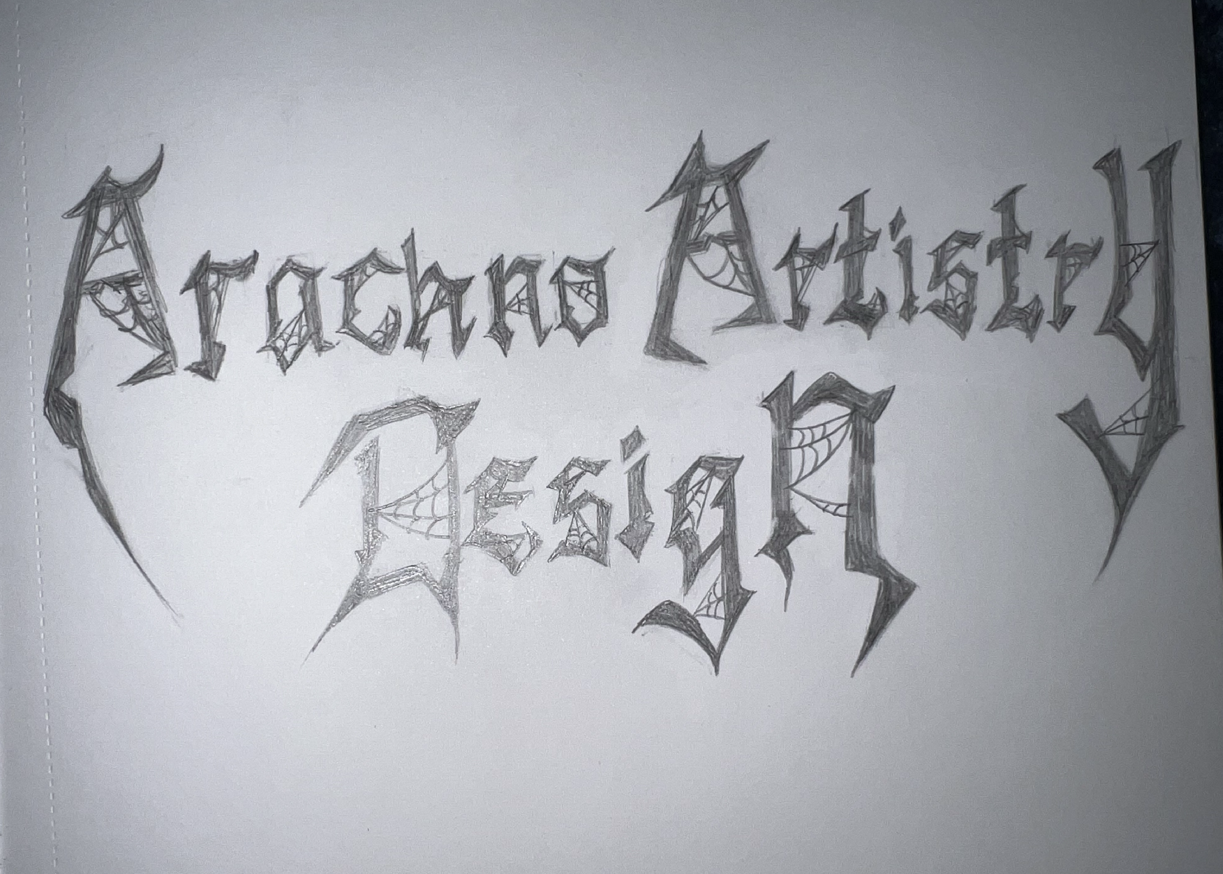 Hand-drawn text reading "Arcade Aesthetics" in a gothic style with spiderweb decorations on the corners of the letters.