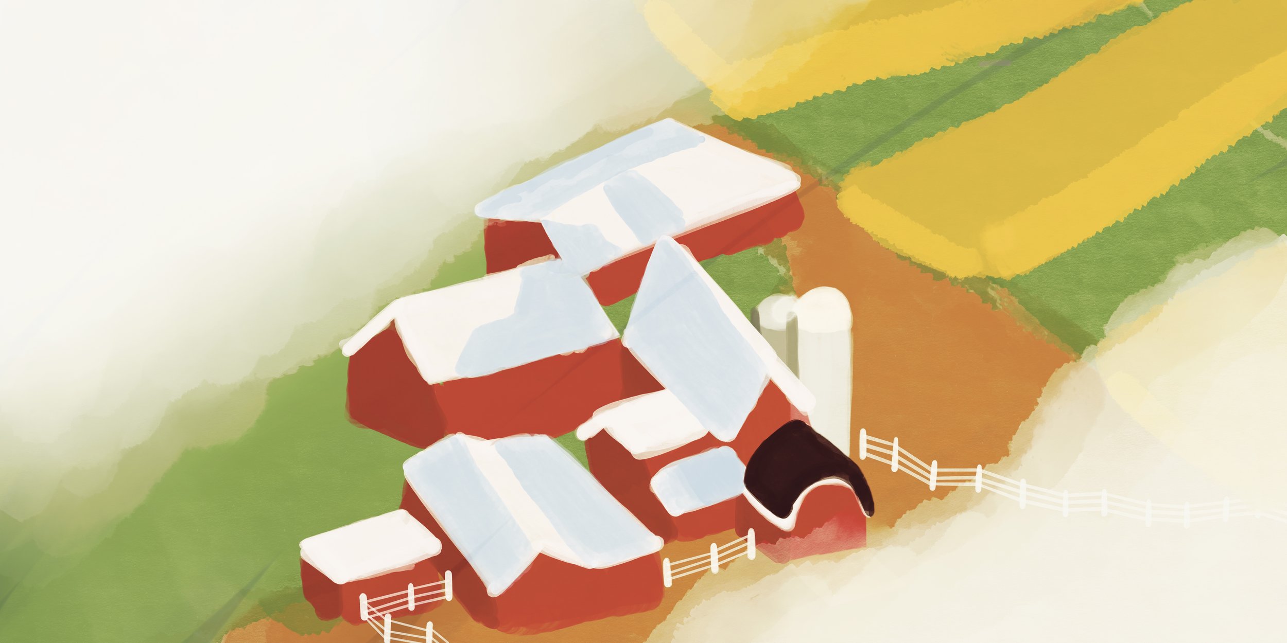 Digital illustration of a red barn with a white roof, surrounded by green fields and yellow crop rows.