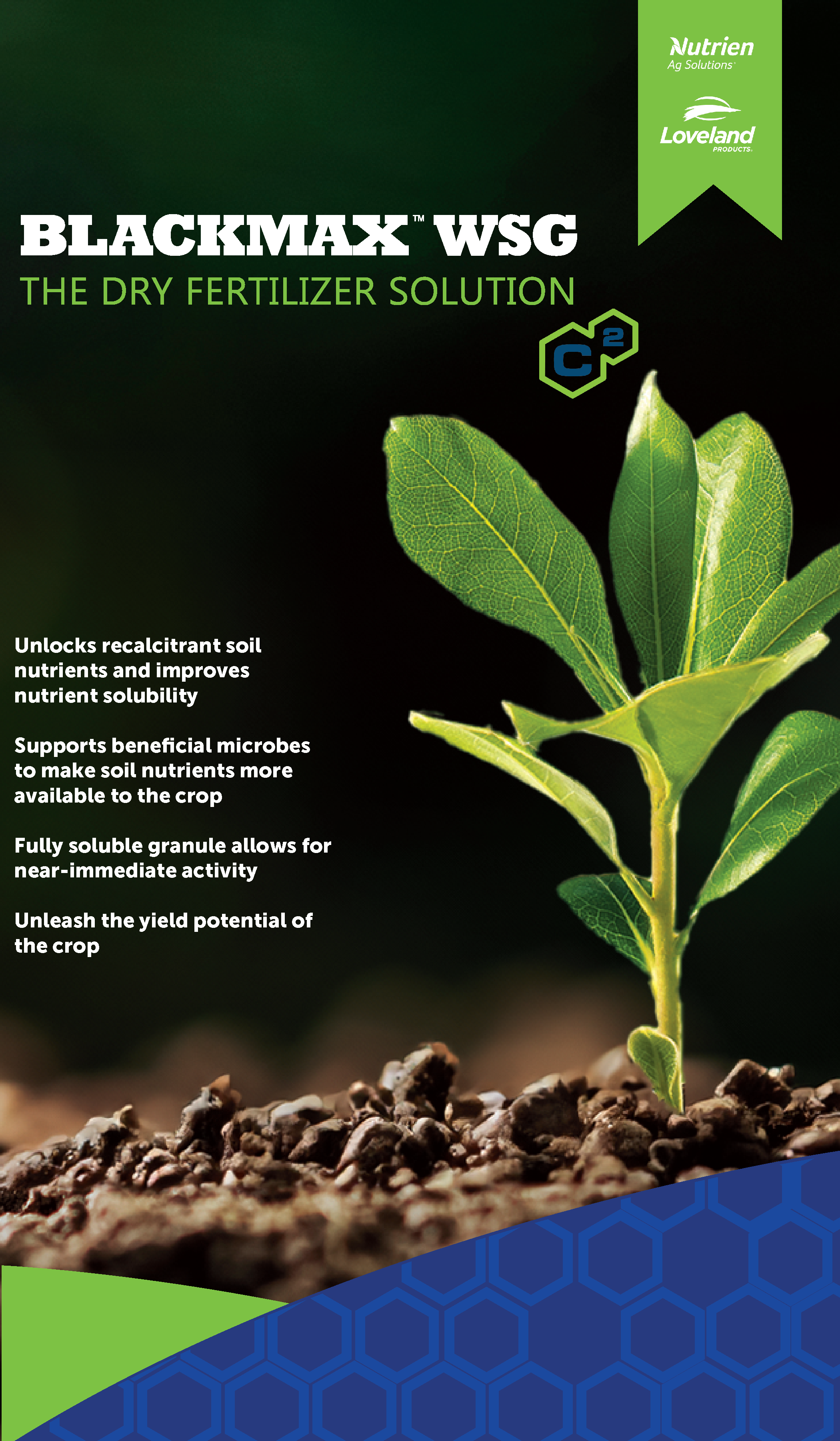 Packaging for Blackmax WSG dry fertilizer solution with a close-up of a healthy green plant growing in soil, and logos of Nutrien and Loveland on the top right corner.