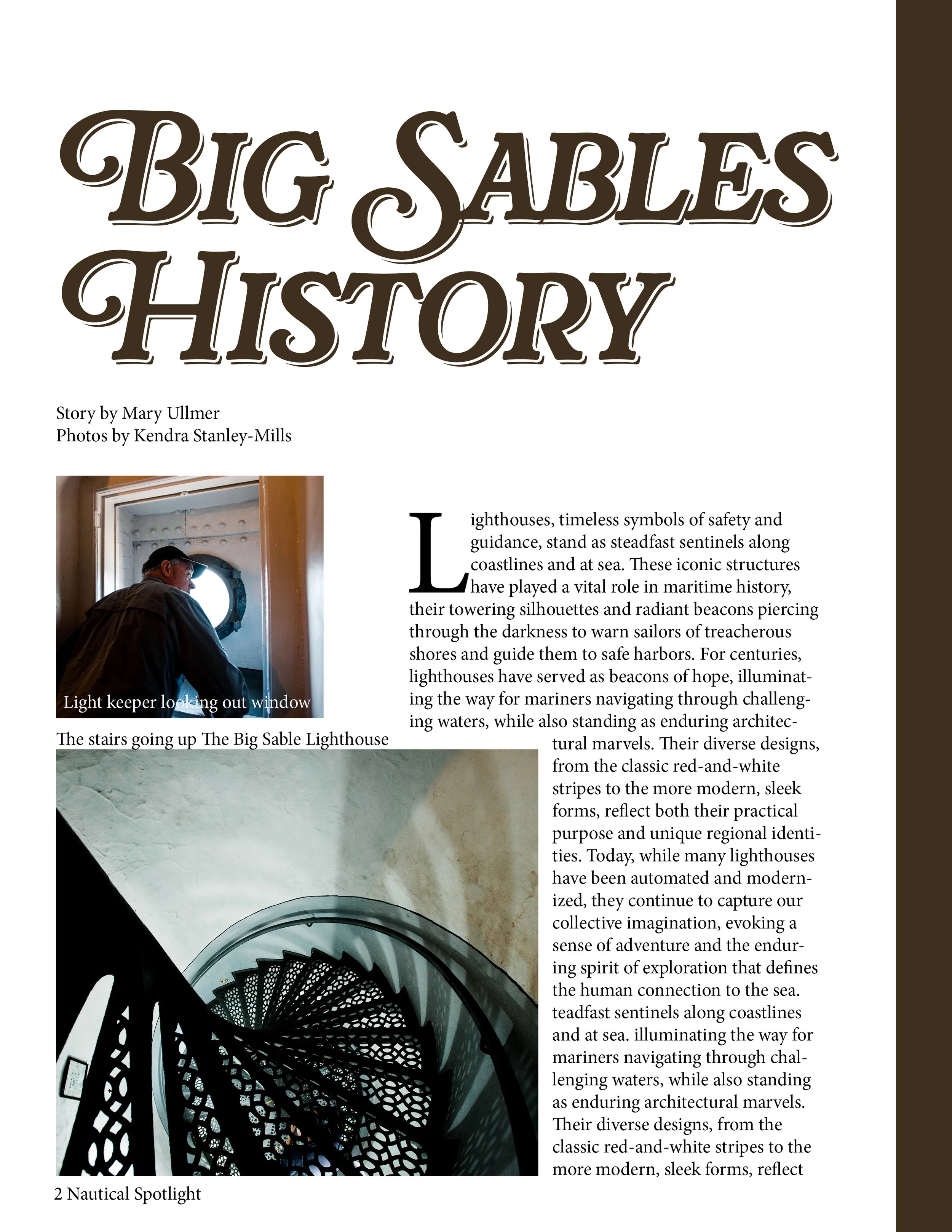 A page from a book titled 'Big Sables History' with a photograph of a man looking out a lighthouse window and the caption 'Light keeper looking out window'. The page also features an ornate black spiral staircase at the bottom.