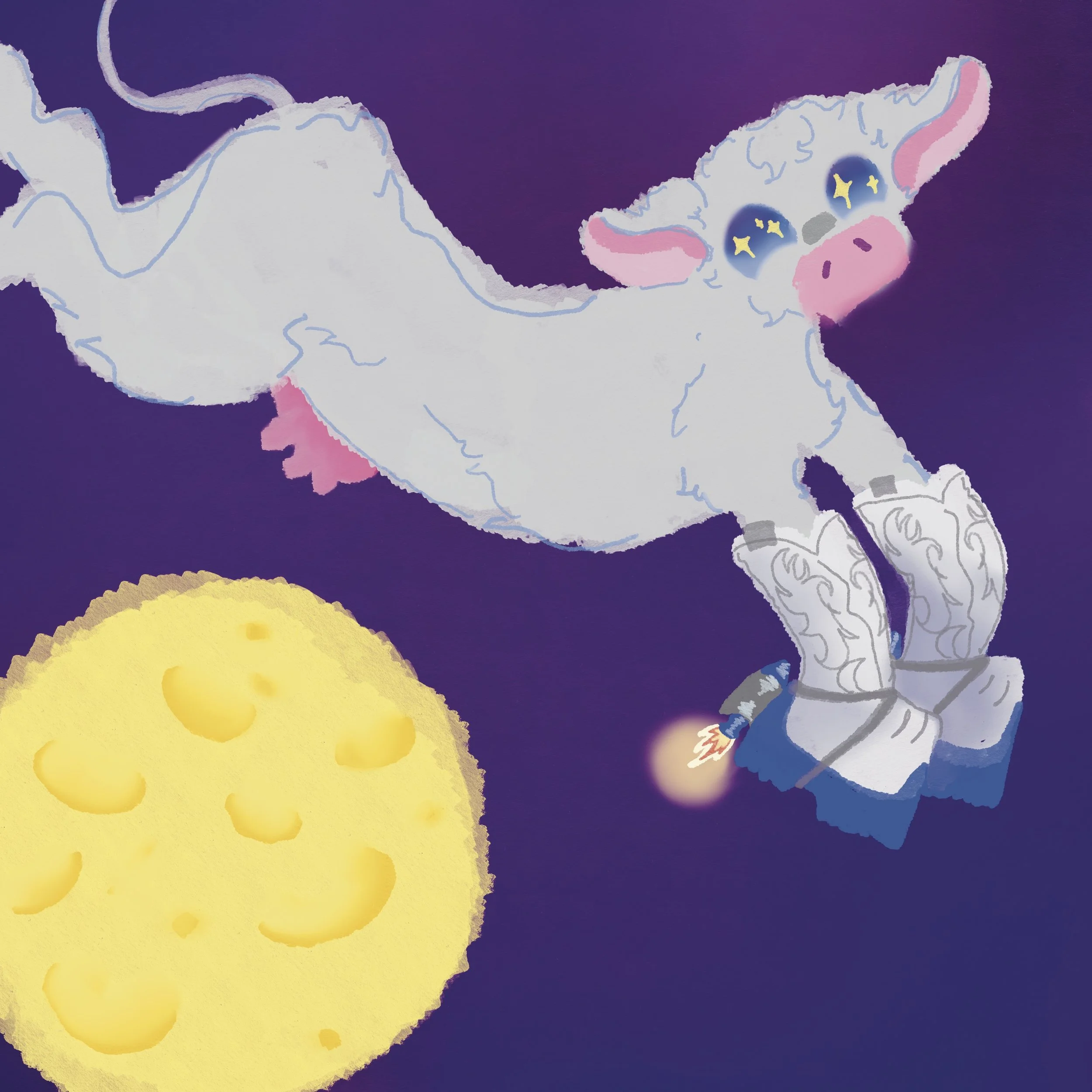 An animated illustration of a white goat with pink ears and yellow star-shaped eyes, leaping against a dark purple background with a large yellow shape in the foreground.