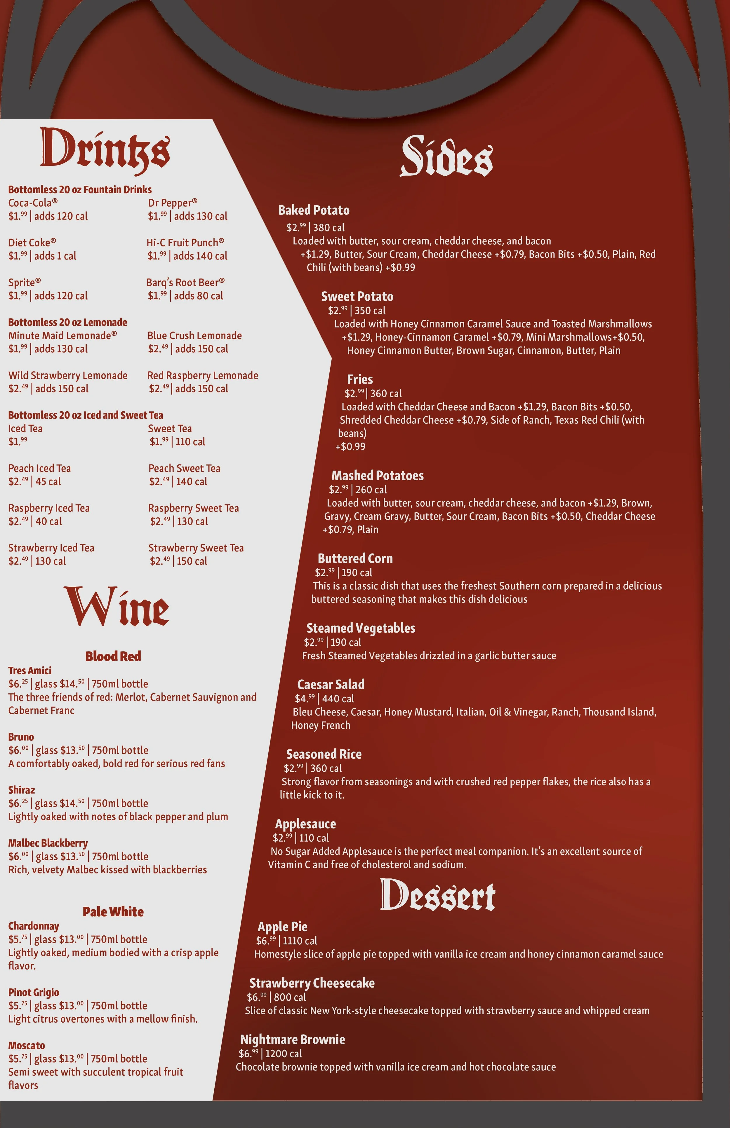 A restaurant menu section showing drinks, sides, wine, dessert, and a portion of description. It includes various fountain drinks, lemonade, iced teas, wine options, and desserts like apple pie, strawberry cheesecake, Nightmare brownie, and more.