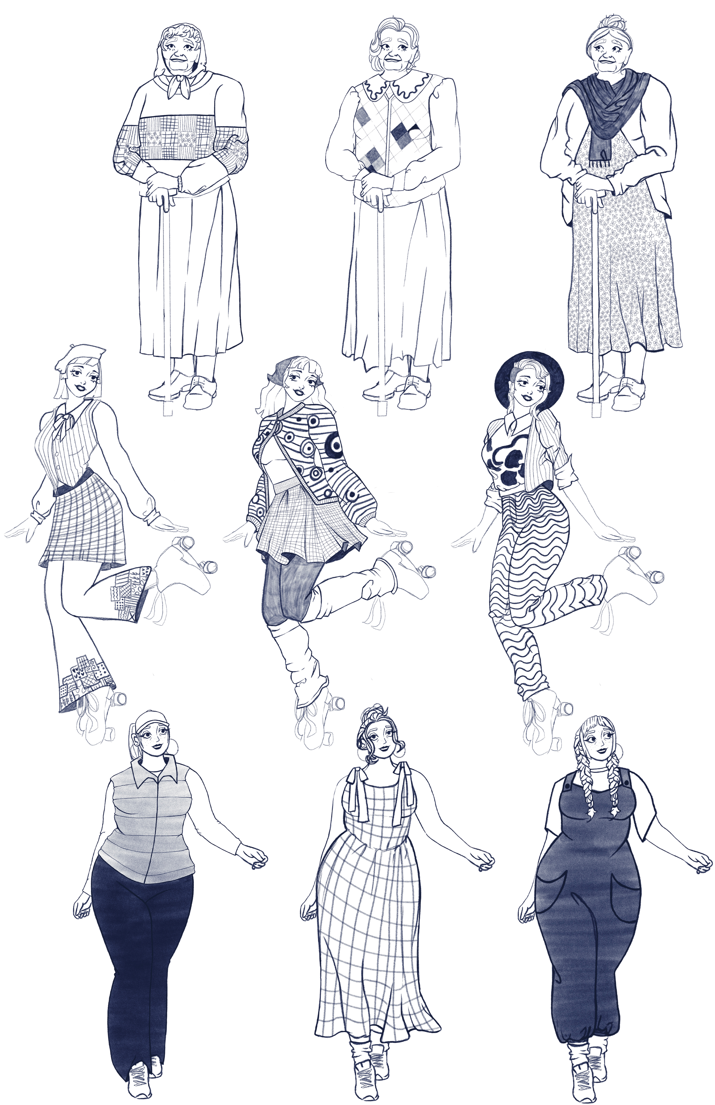 Collection of black and white line drawings of women in various outfits, some standing and some lying on skateboards.
