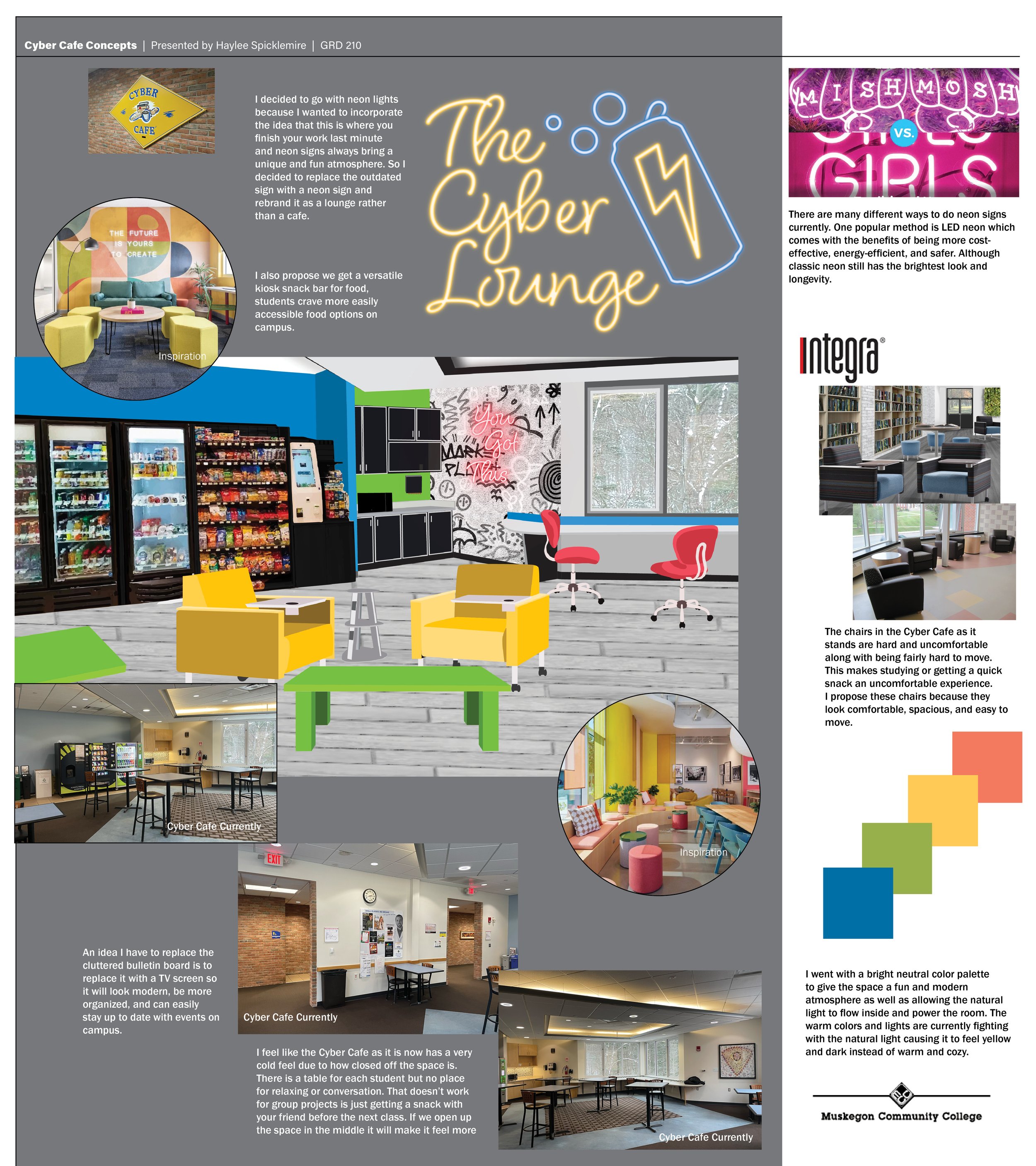 The image shows a collage of photos of the Cyber Cafe and lounge at Muskegon Community College, featuring various seating areas, snack vending machines, colorful decor, and neon signs. There are descriptions of the space's design concept, lighting, furniture, and atmosphere.