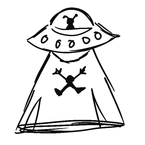 Drawing of a flying saucer with a small alien and a frog inside.