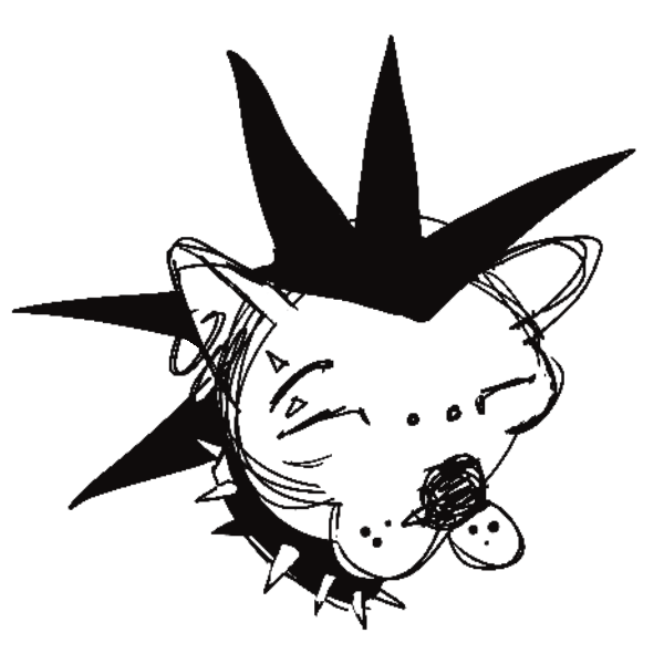 An illustration of a dog's face with spiky hair and a spiked collar, drawn in a dark sketch style.