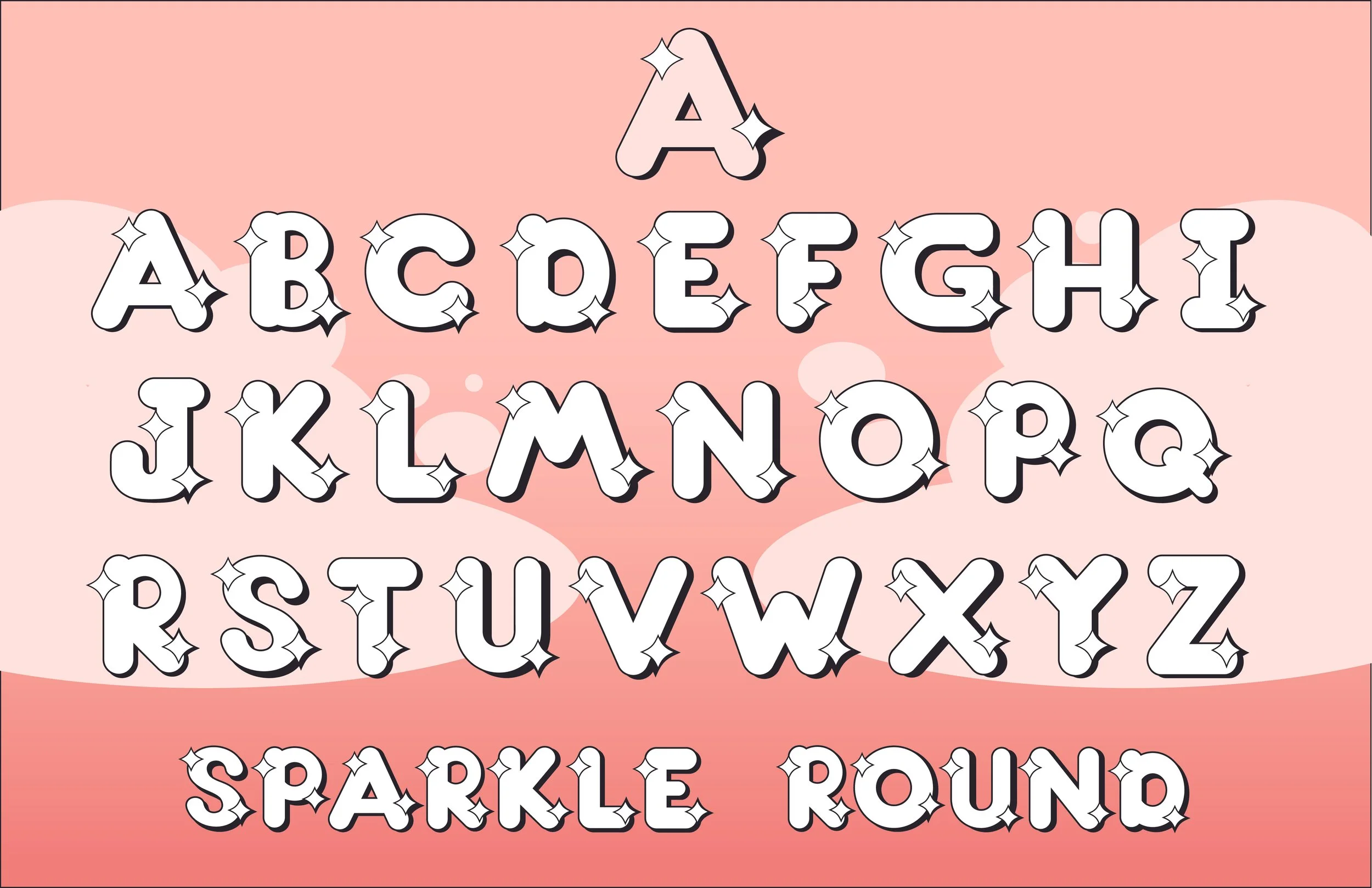 Colorful alphabet with bubble letters, outlined in black and decorated with sparkles, on a pink background with abstract shapes.