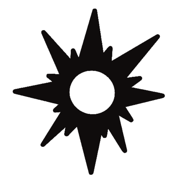 A starburst graphic with a black circle in the center and multiple pointed rays extending outward.