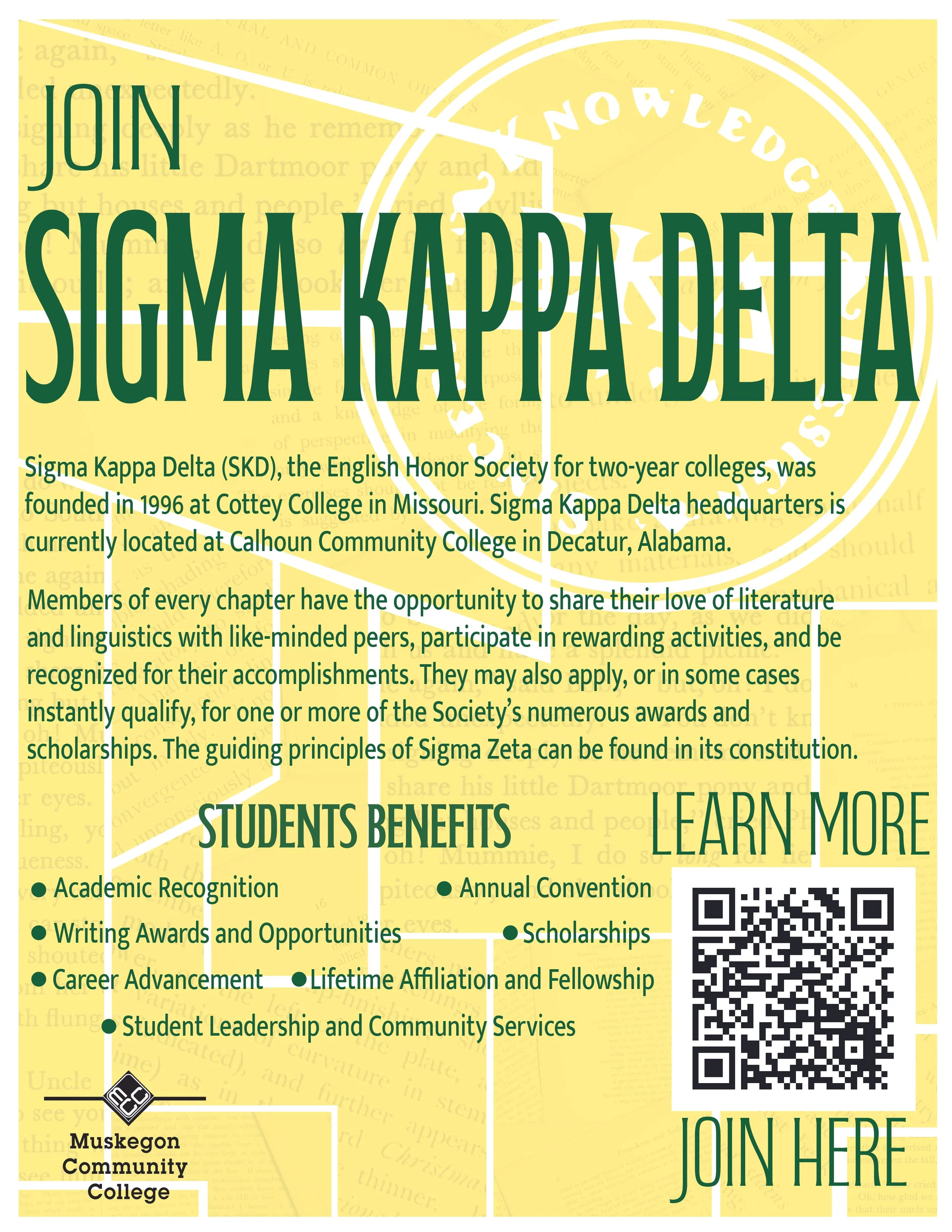 A promotional poster for Sigma Kappa Delta, an English Honor Society for two-year colleges, highlighting member benefits like academic recognition, scholarships, and leadership opportunities, with a qr code in the bottom right corner.