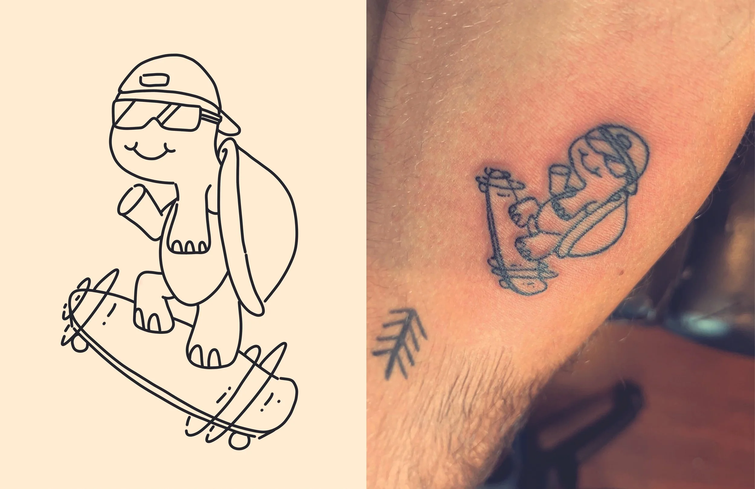 Comparison of a cartoon drawing of a cartoon character skateboarding and a real tattoo of the same character on someone's skin.
