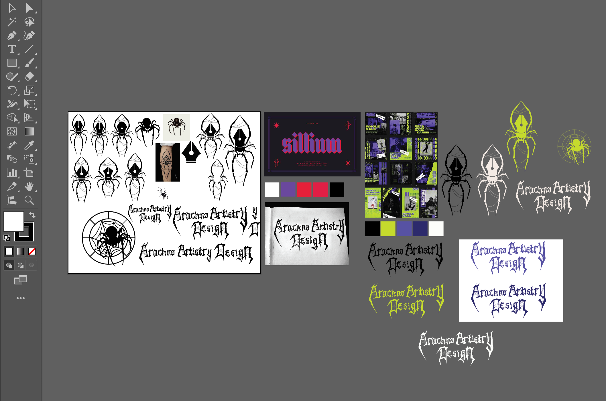 Designs and logos for 'Aracno Artistic Design,' featuring spider-themed artwork and various color palettes.