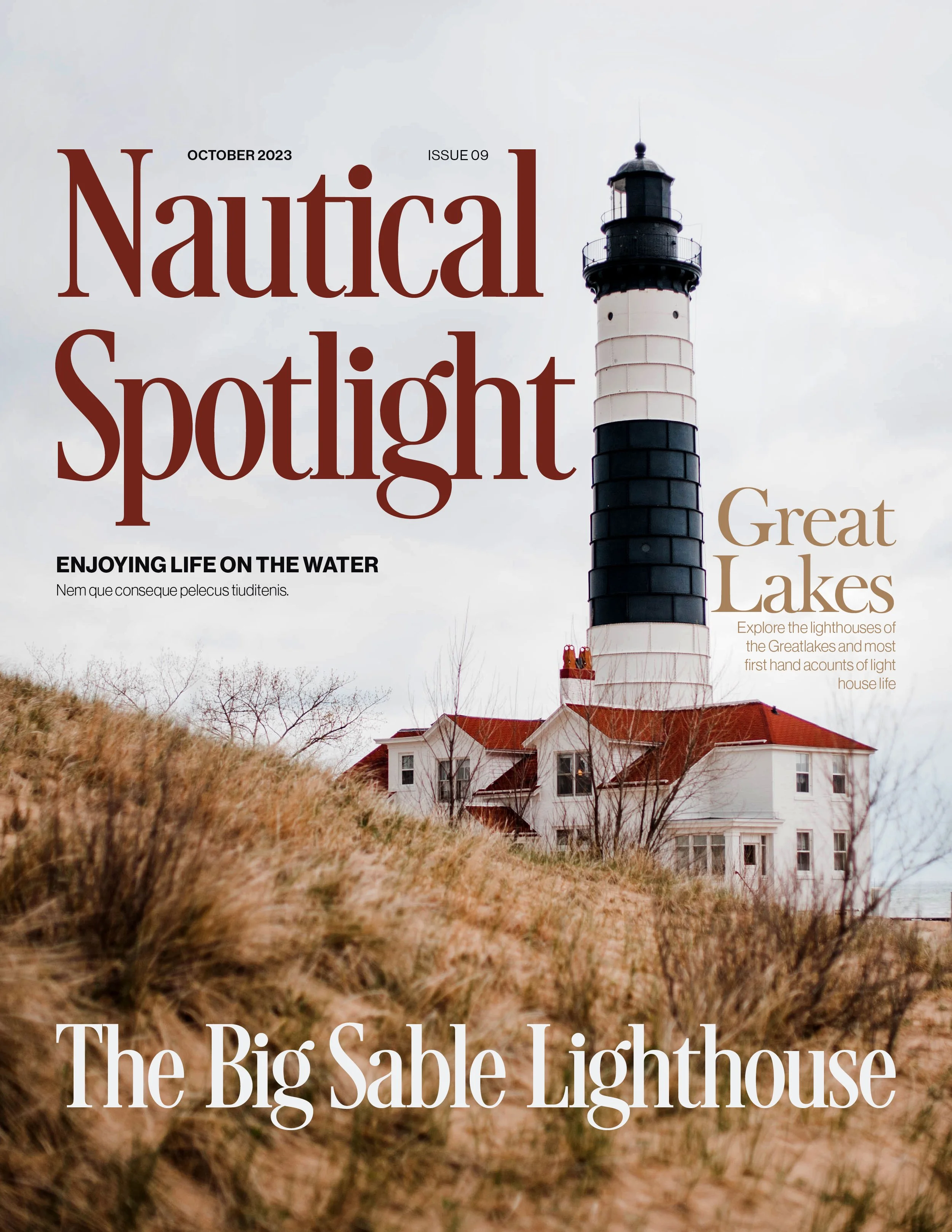 Cover of a magazine or brochure featuring a lighthouse on a grassy hill, with the title "Nautical Spotlight" in large text, and a subtitle "Great Lakes" with additional text about exploring lighthouse histories of the Great Lakes area.