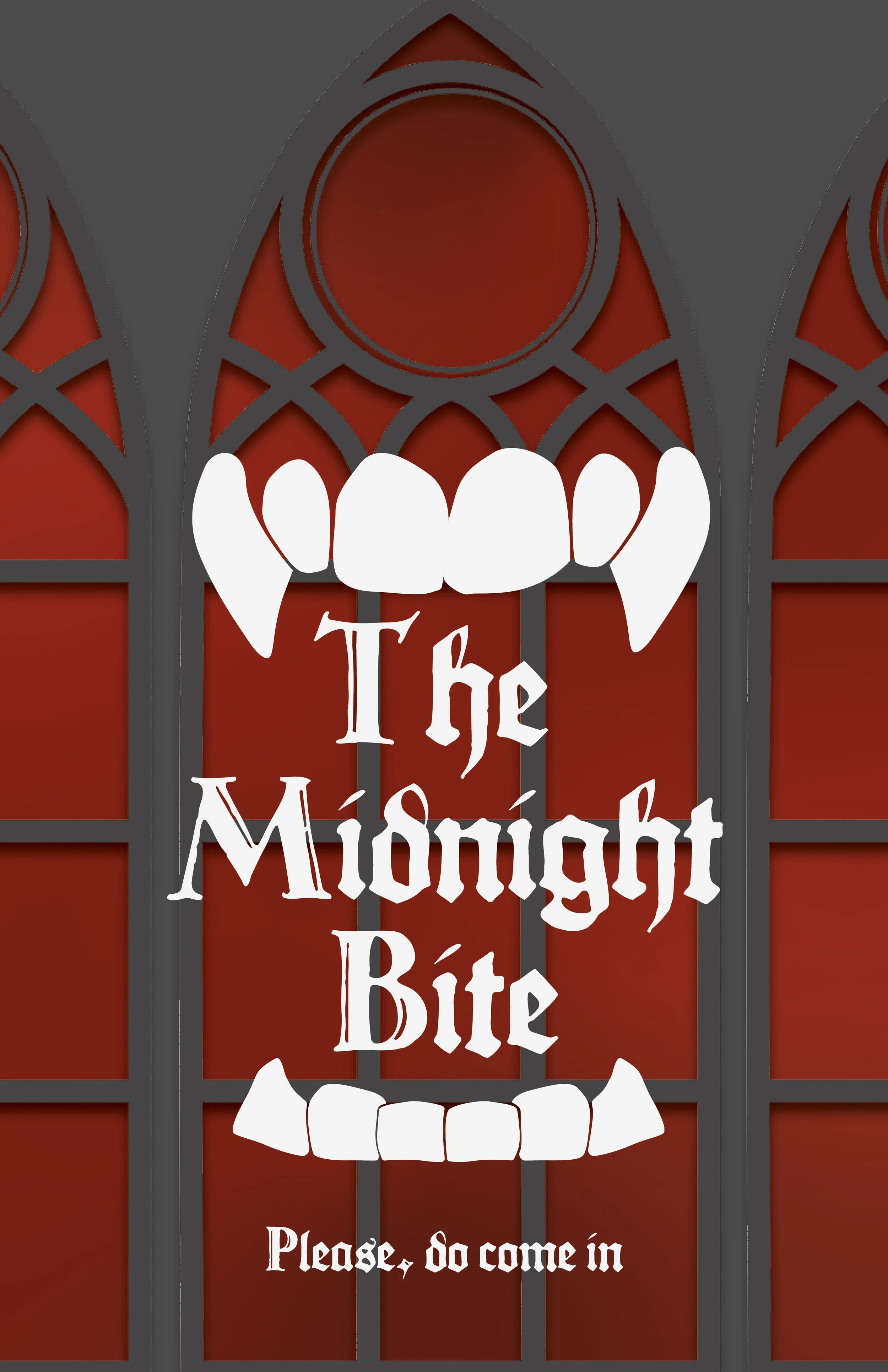 A spooky sign on a gate featuring a vampire skull with fangs and red eyes. The sign reads 'The Midnight Bite' and 'Please, do come in'.